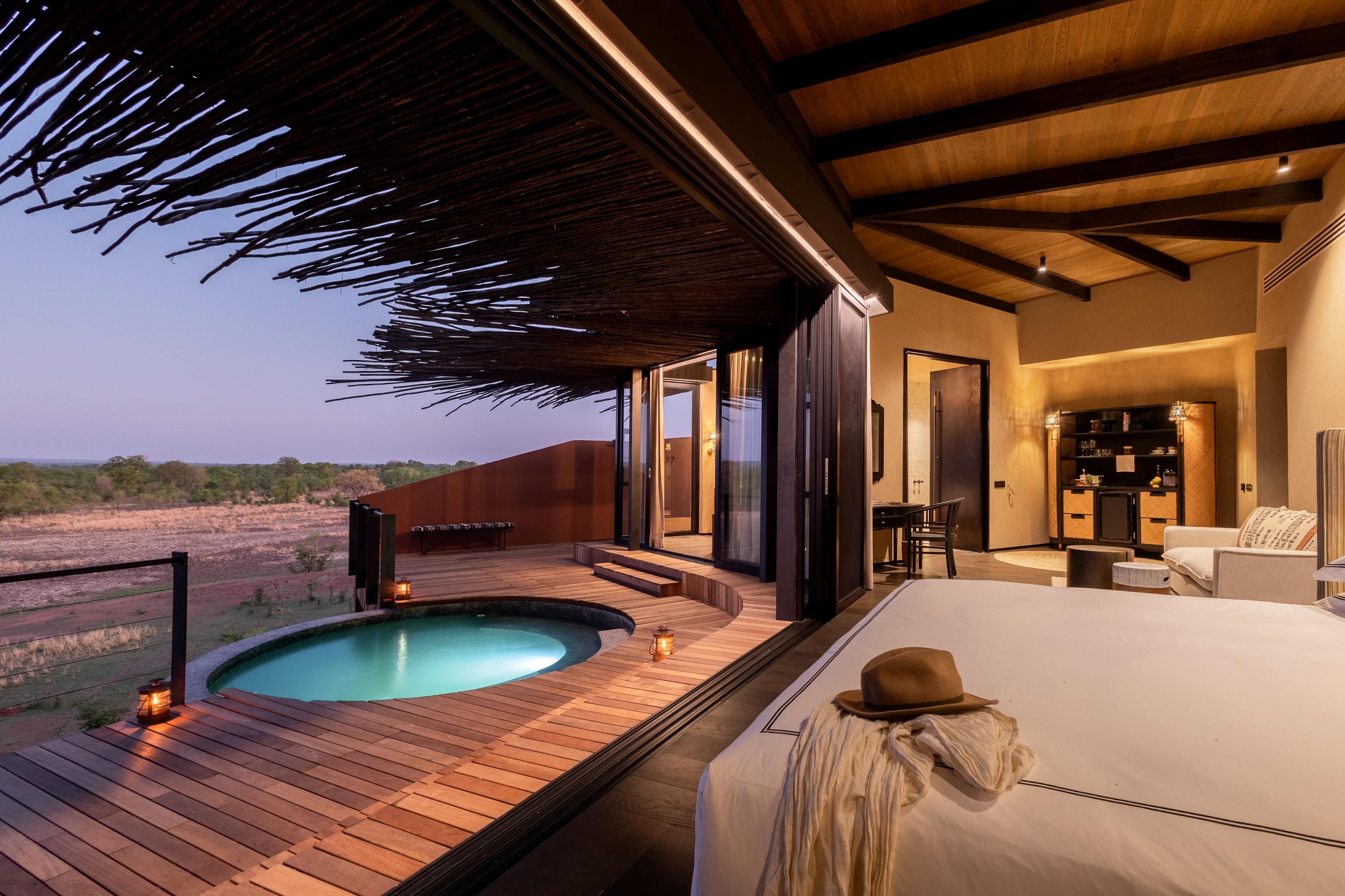partial interior view at sunset of vista suite by  Chichele Presidential Lodge Zambia
