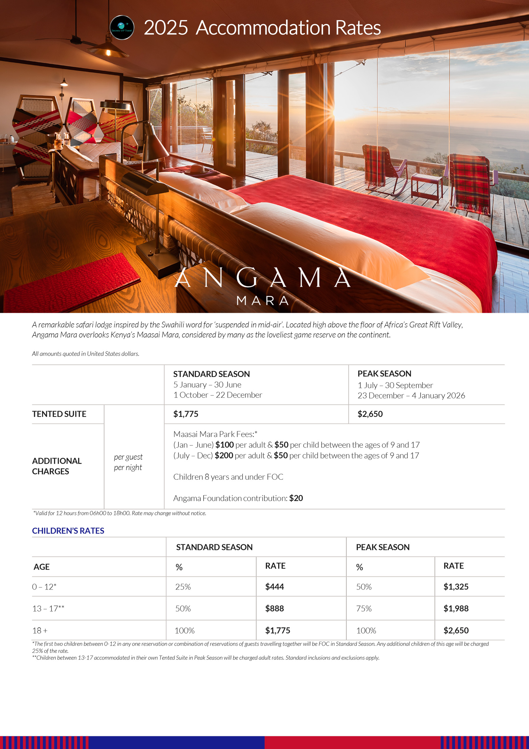 2025 accommodation rates for Angama Mara Kenya Masai Mara