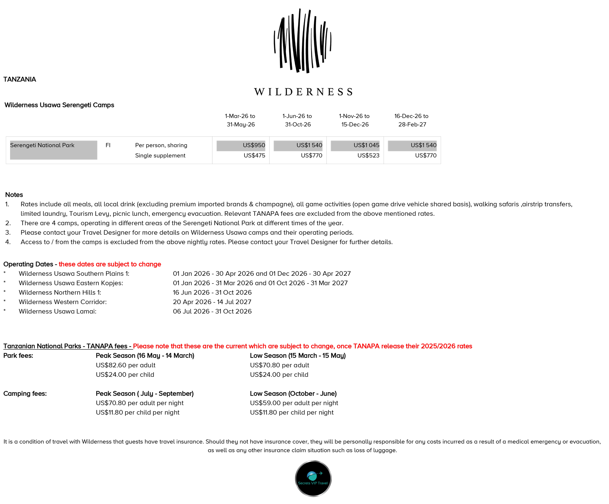2026 accommodation rates for wilderness usawa serengeti