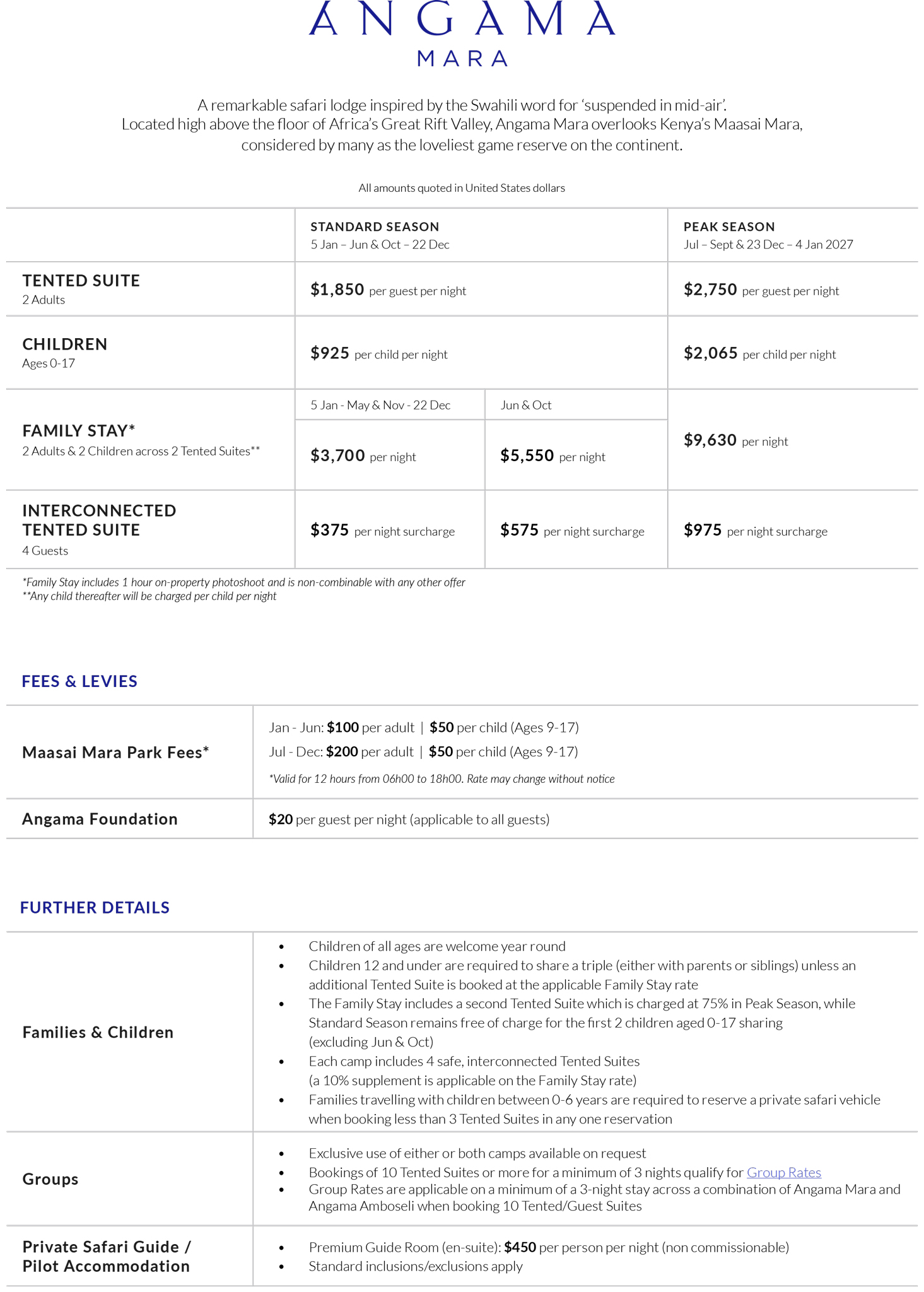 Accommodation rates for Angama Masai mara Kenia 2026