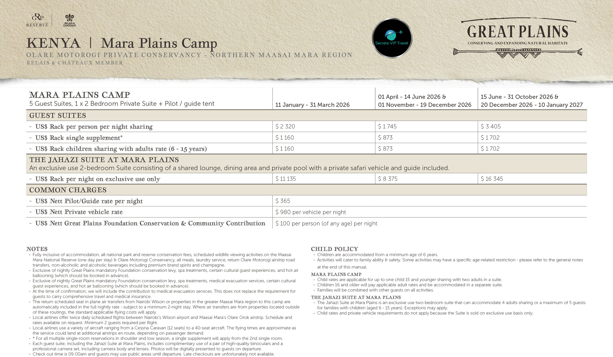 2026 Accommodation rates for mara plains camp in masai mara