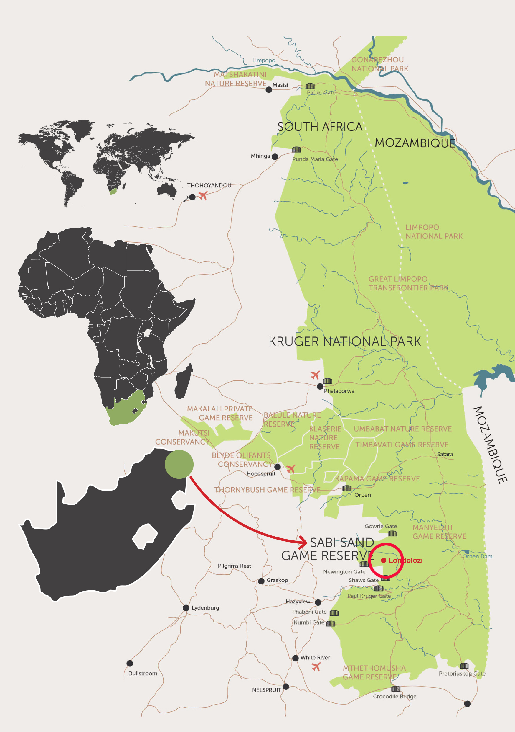 map showing the location of Londolozi camps in Sabi sands