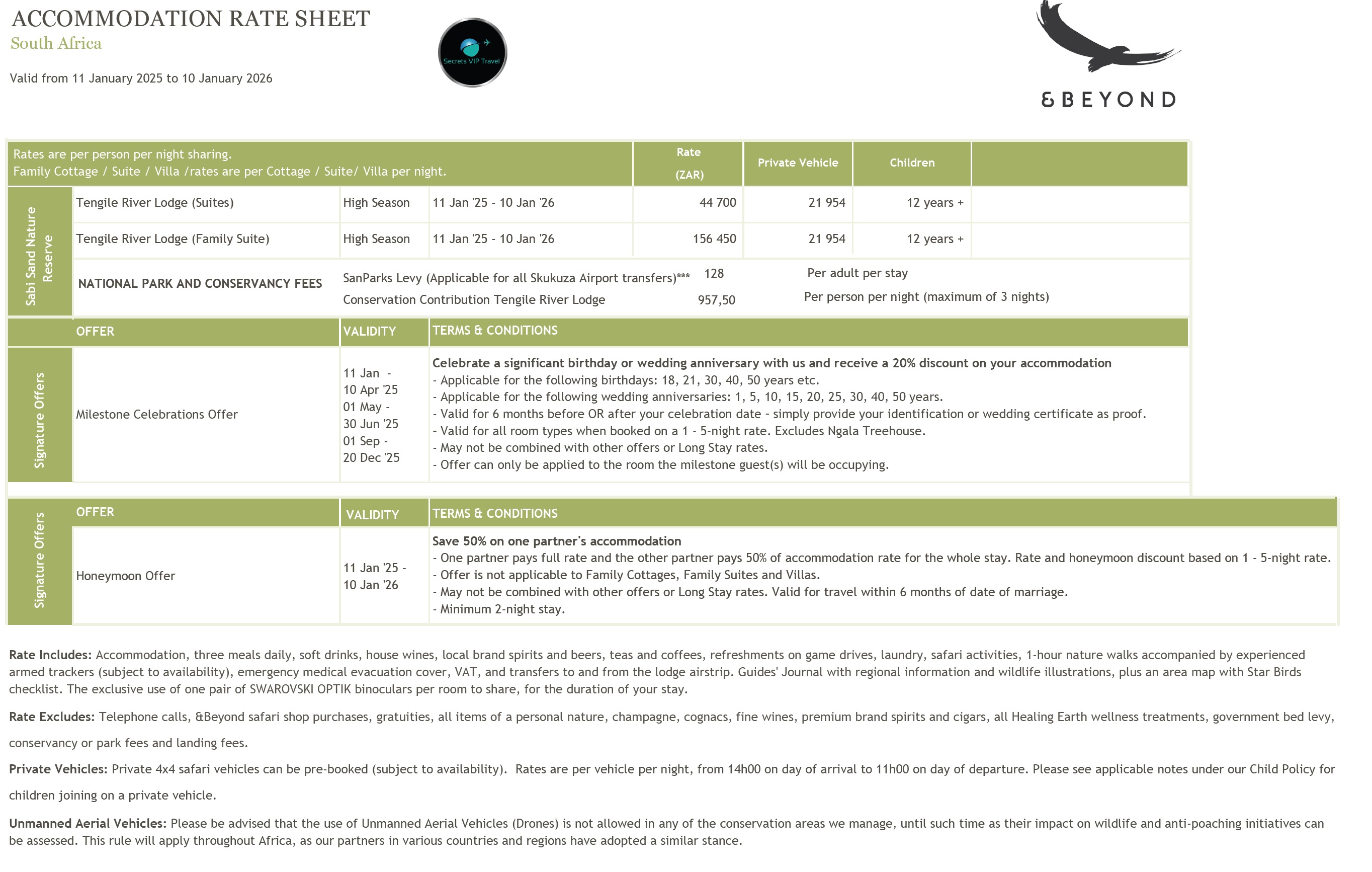 screenshot of 2025 accommodation rates for tengile river lodge