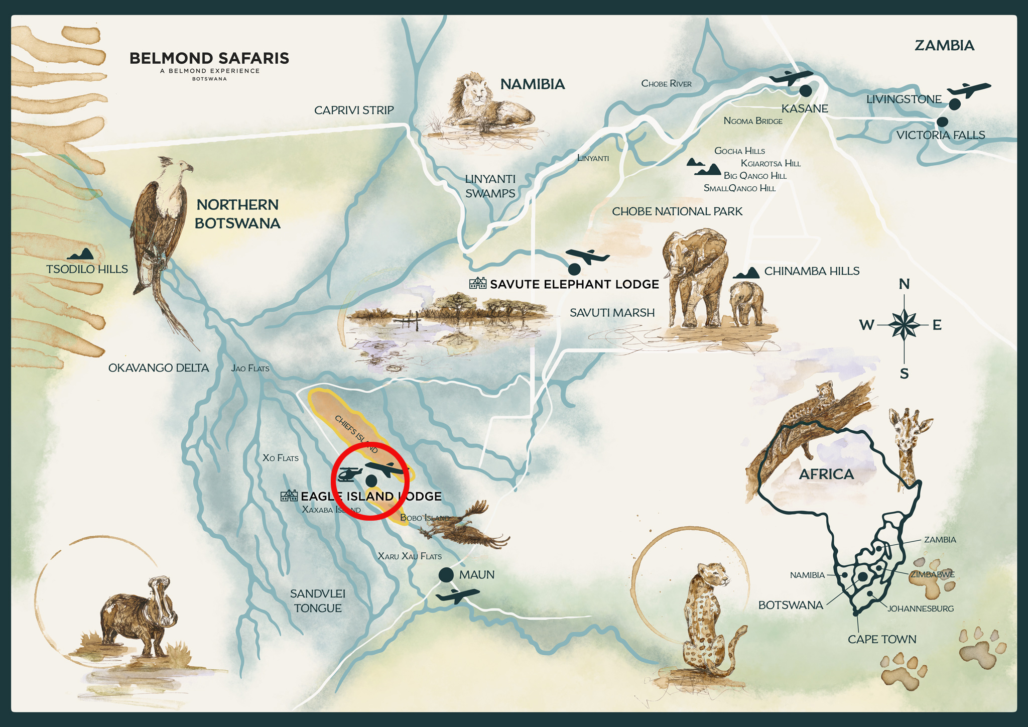 map of Okavango delta depicting location of Belmond Eagle Island Lodge