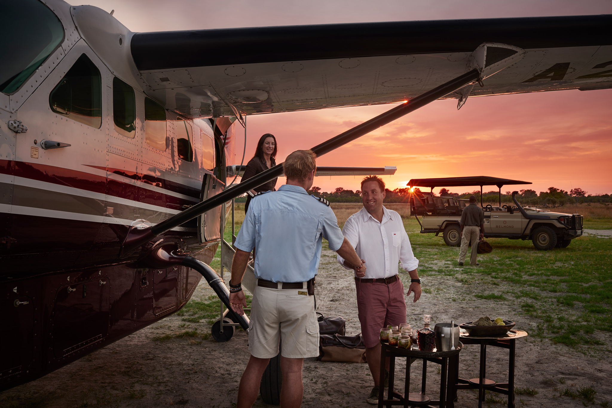 guest meeting pilot on airstrip at Kwai river lodge Botswana