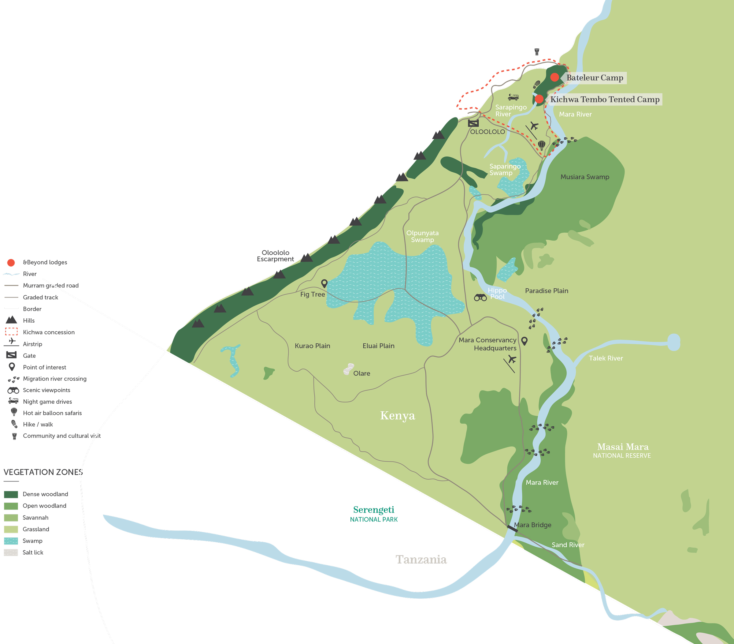 map showing the location in private reserve of andbeyond Bateleur camp Kenya Masai Mara