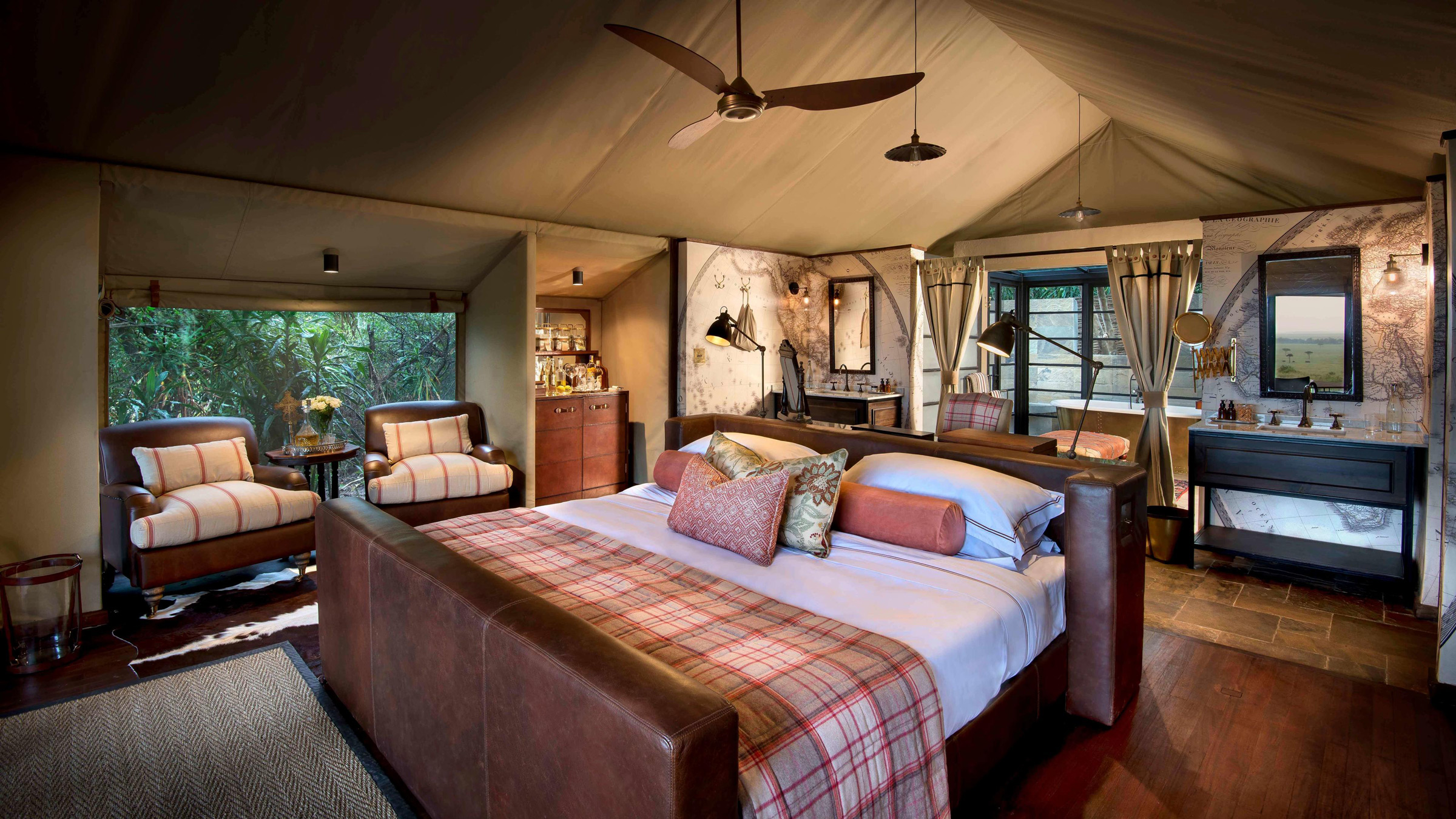 inside the bedroom of a suite at andbeyond Bateleur camp Kenya Masai Mara