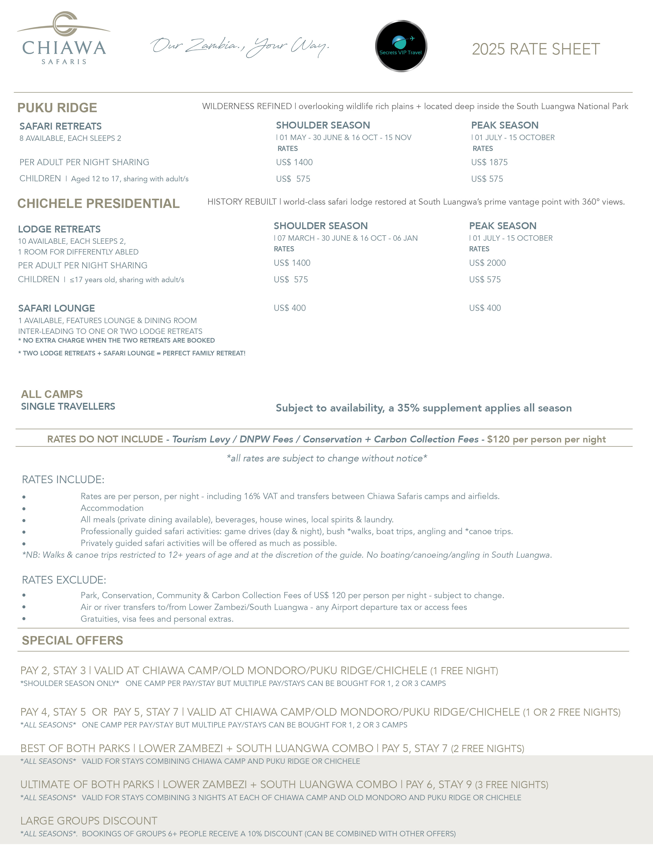 accommodation rates for Chiawa safari lodges 2025
