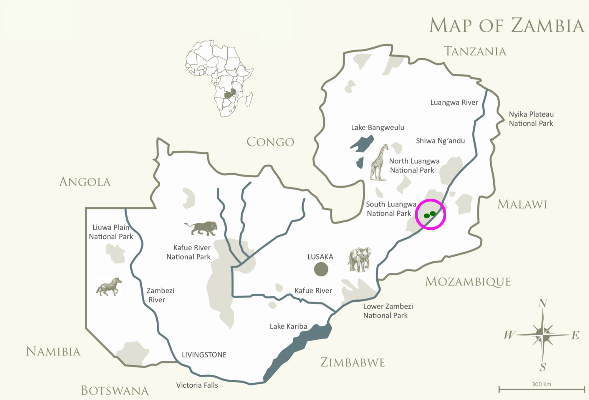 map showing location of chichele presidential lodge in Luangwa plains