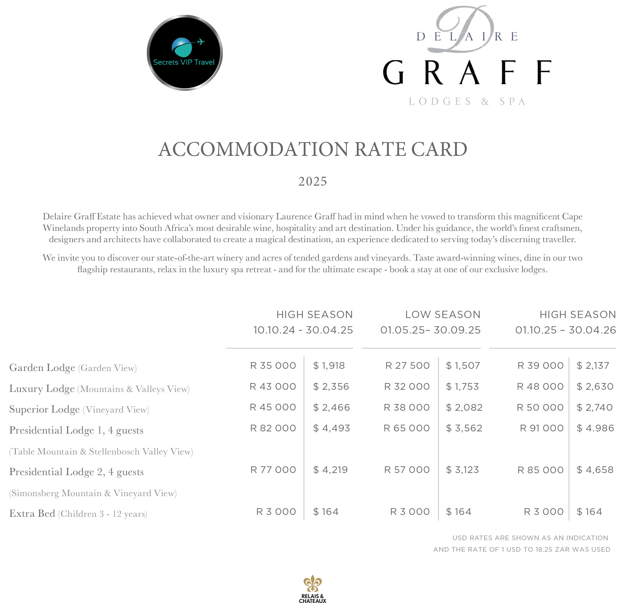 screenshot of the 2025 accommodation rates of Delaire Graff Wine Estate