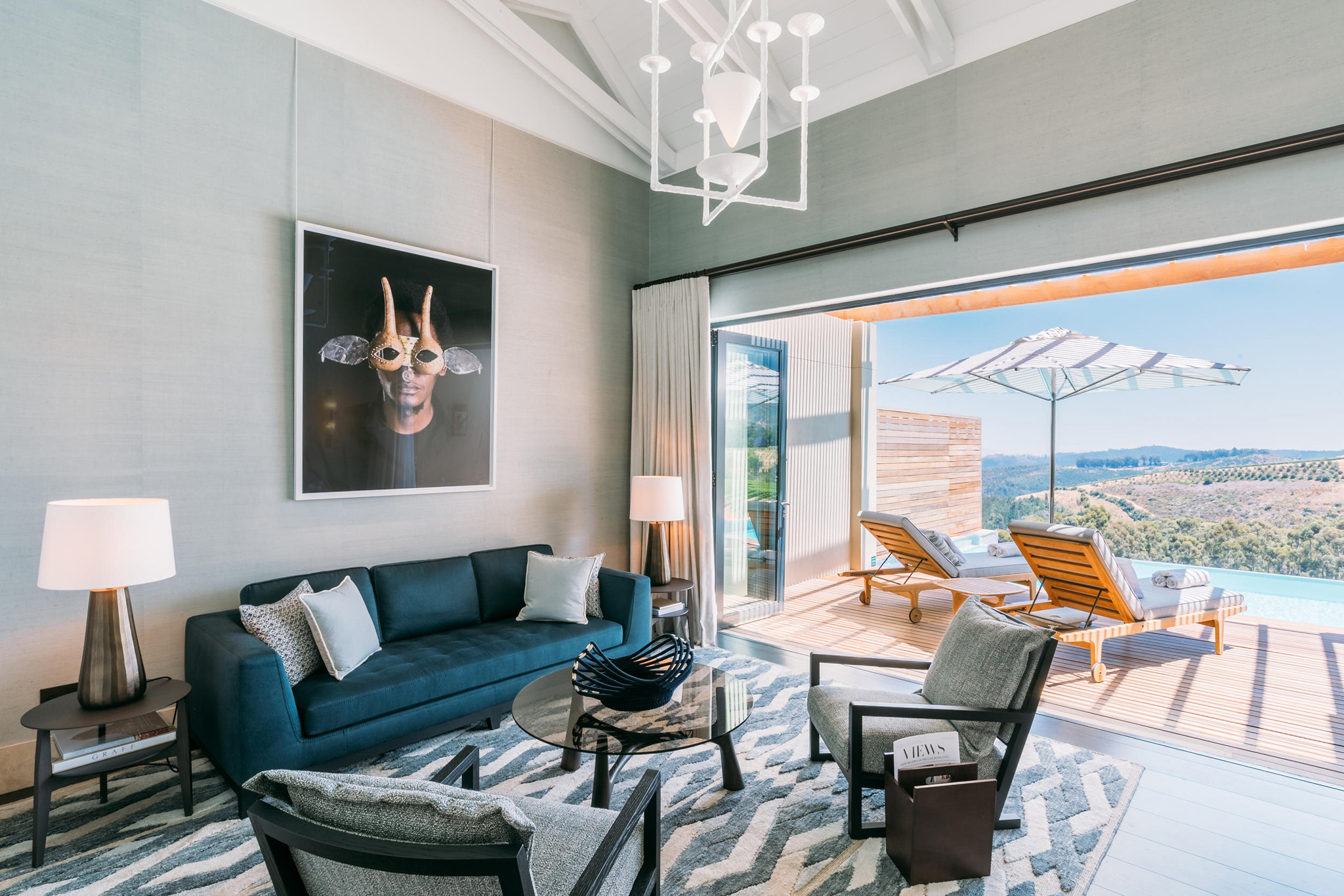 views from one of the blue rooms at Delaire Graff luxury Wine estate in Franshoek