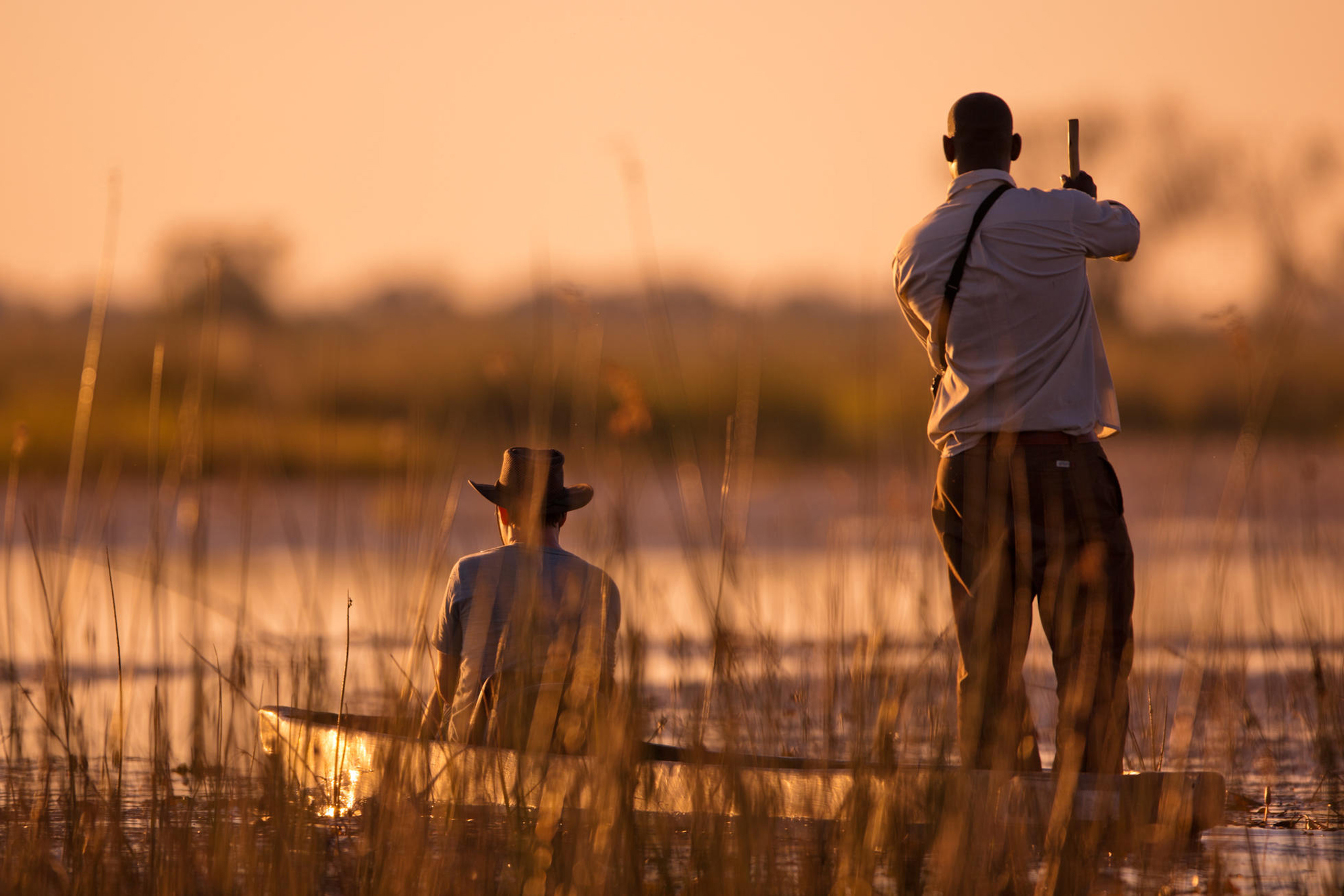 guide with guest in mokoro at sunset by eagle island lodge