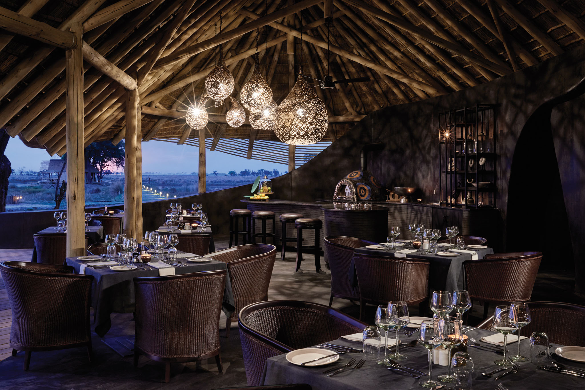 eagle island lodge dining area with tables set fo dinner