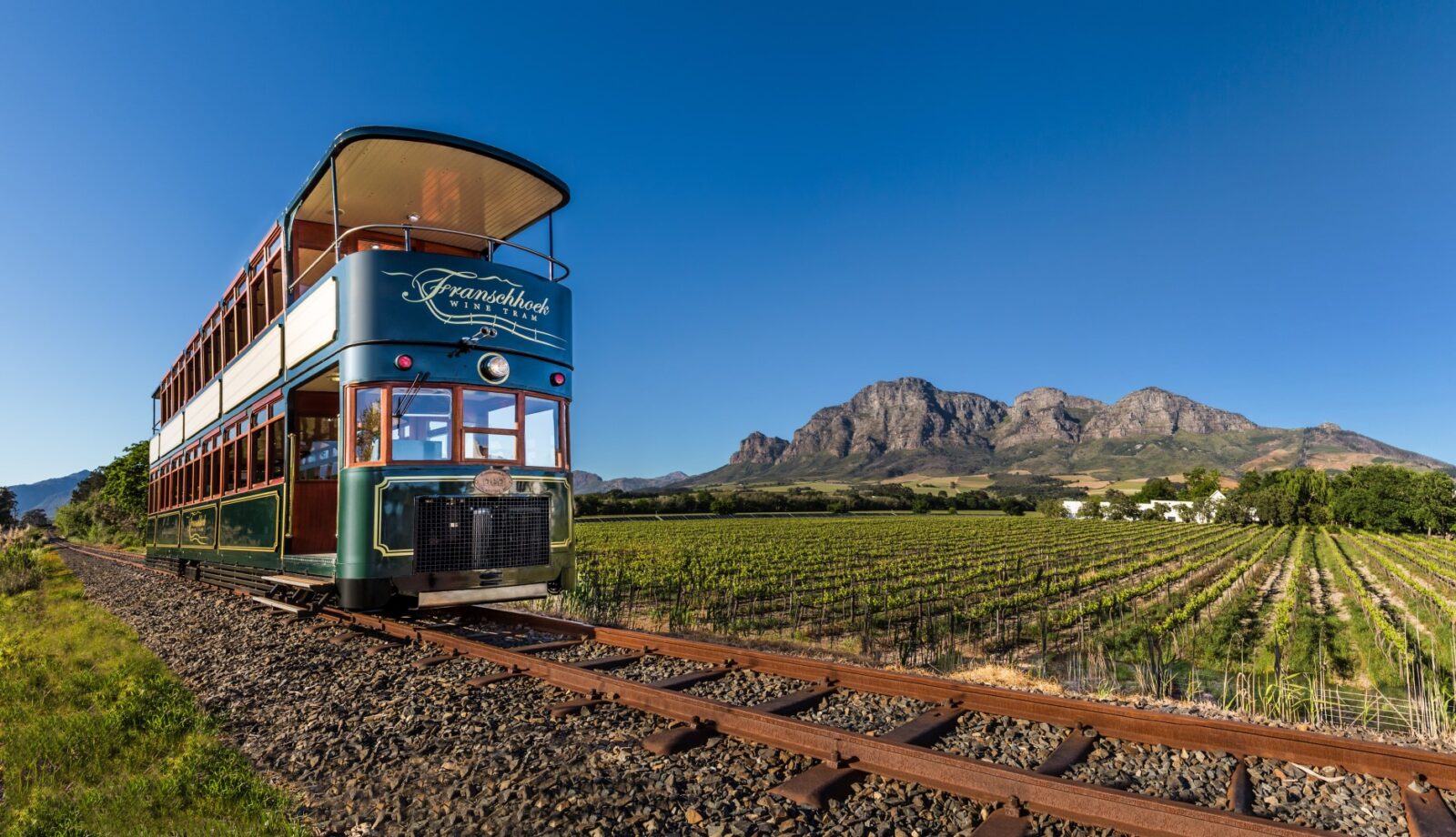 wine tram on rails in winelands of Franschhoek with mountains backdrop