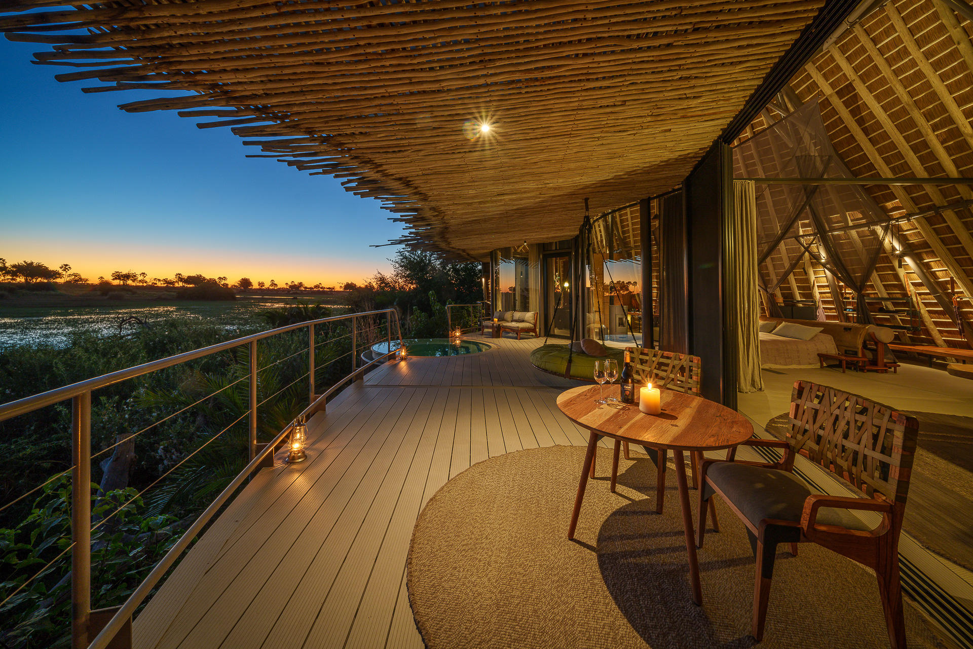 deck view at sunset at Jao Camp Wildereness Botswana