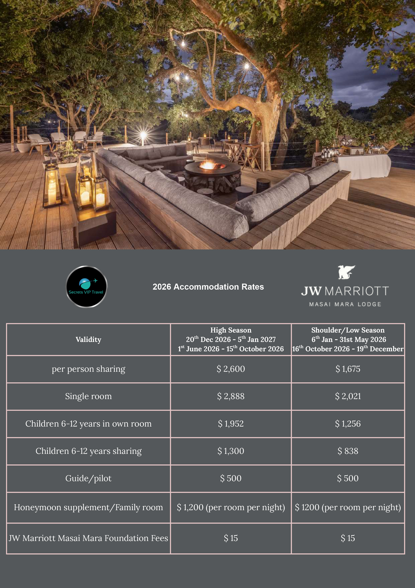 accommodation rates for jw marriot masai mara kenya 2026