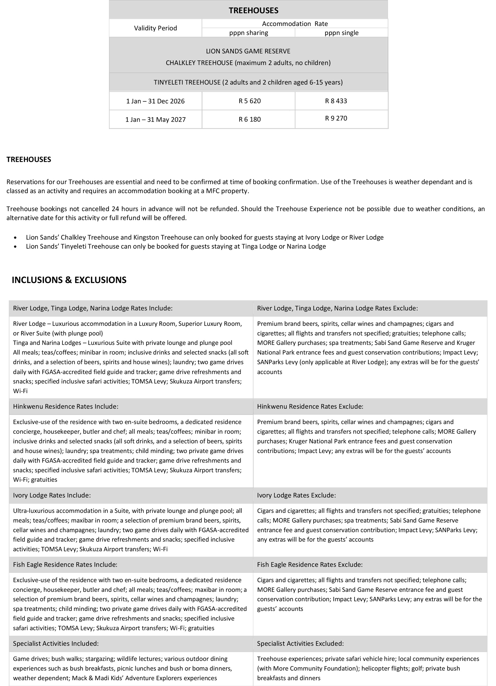 Screensshot of 2026 Accommodation rates for Lion Sands 3