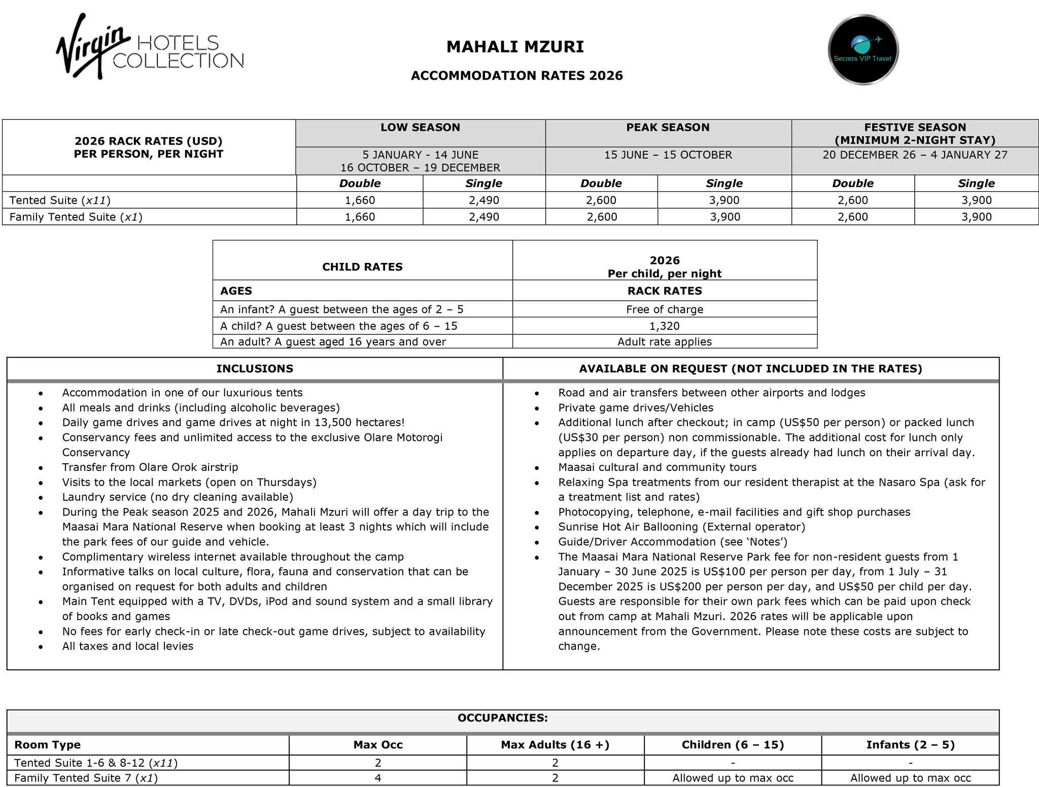 2026 Accommodation rates for Mahali Mzuri masai mara