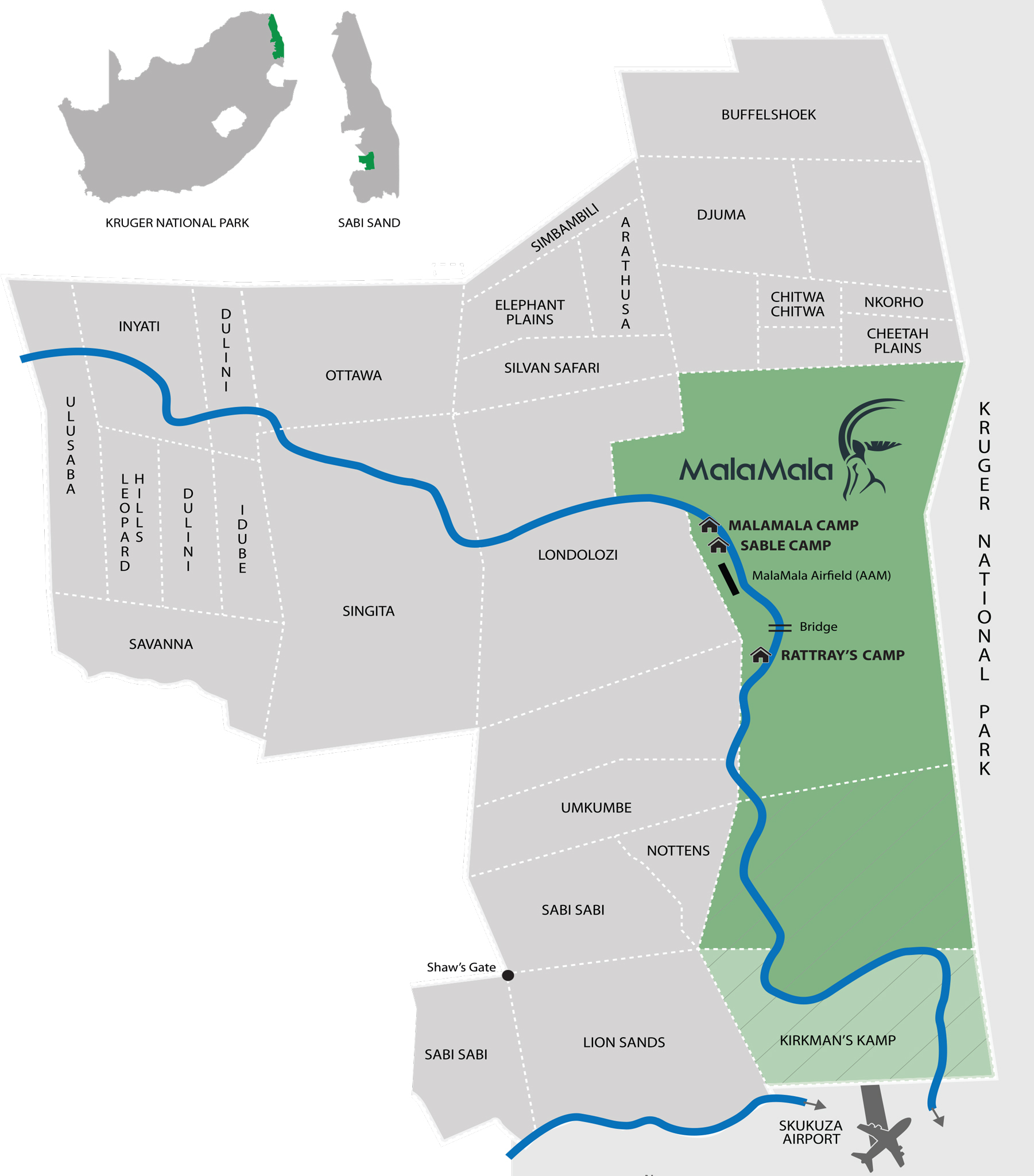 map of the Kruger national park showing all the private game lodges in MalaMala reserve