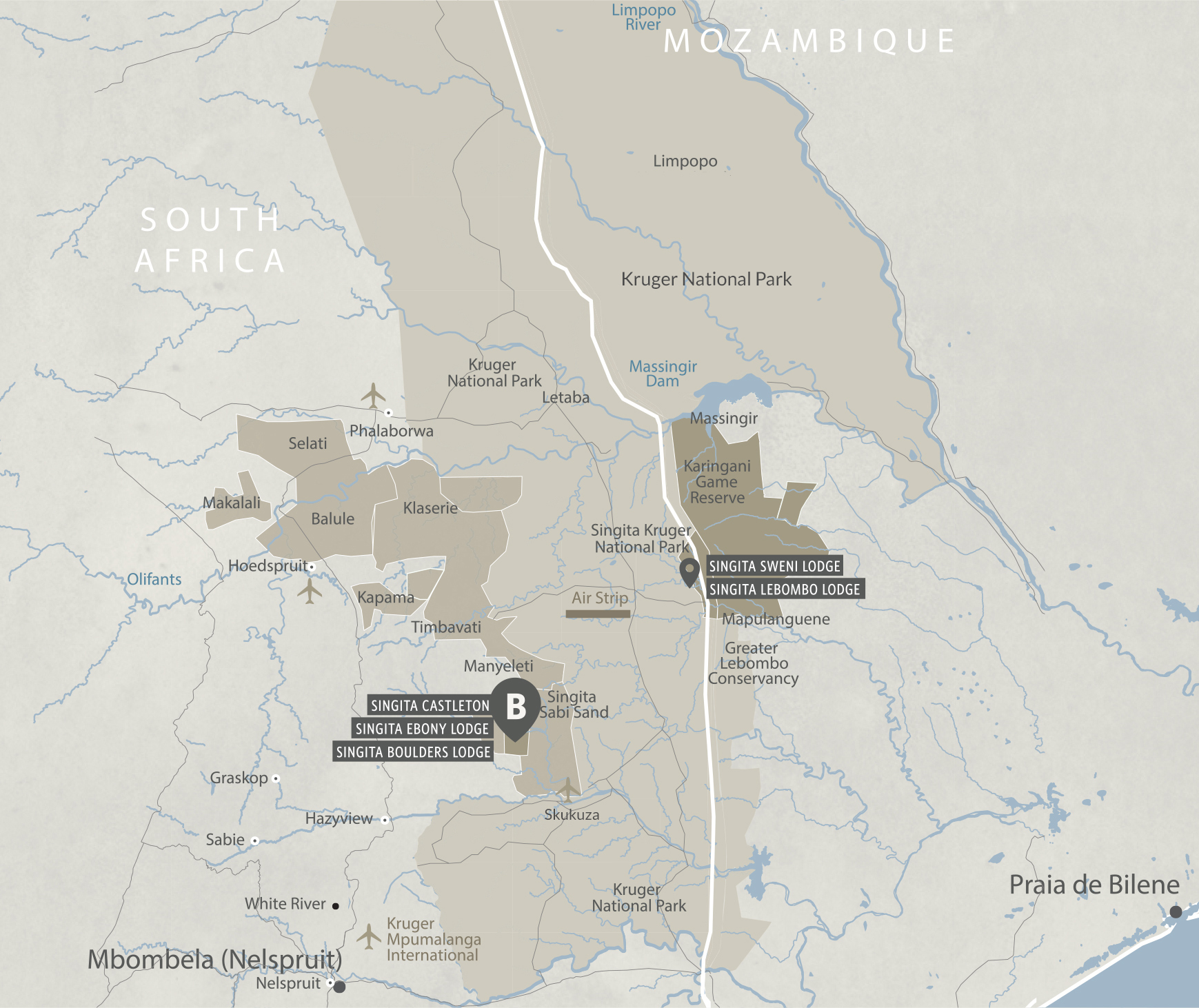 map of sabi sands and knp showing singita lodge locations