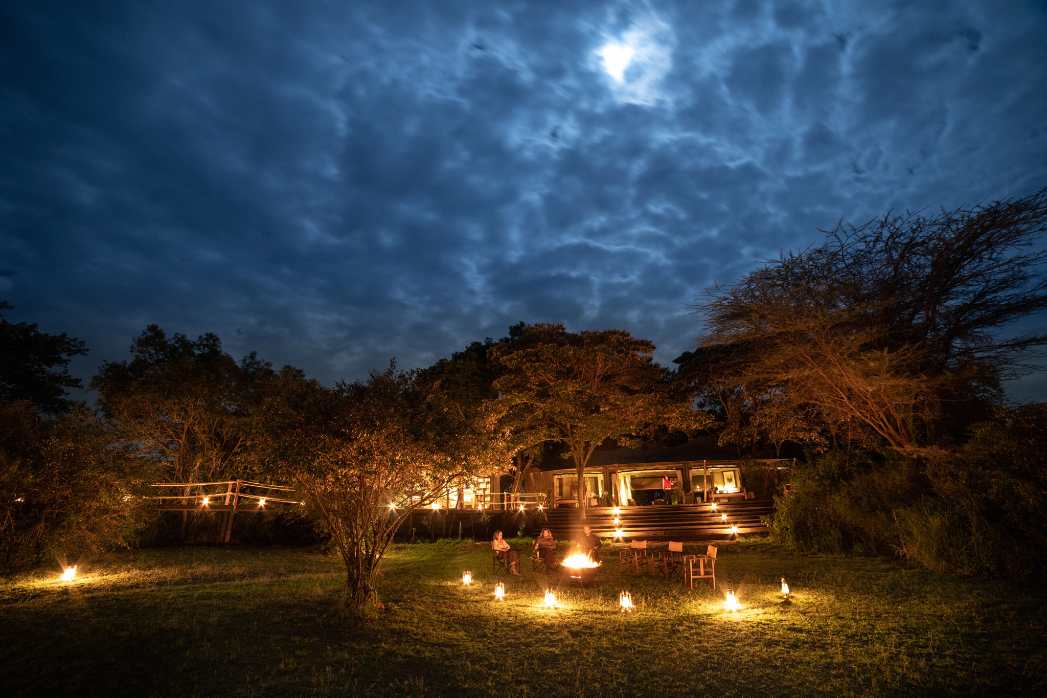 evening view of fireplace outside Mara Plains Camp Kenya Masai Mara