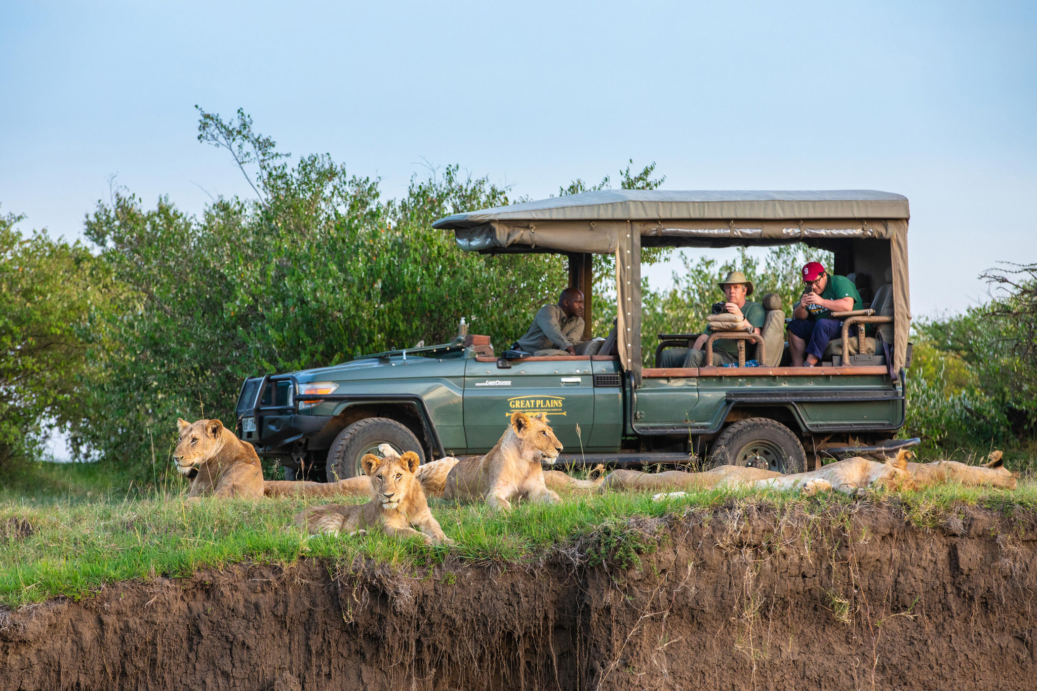 lions lying down near game drive vehicle of Mara Plains Camps Kenya