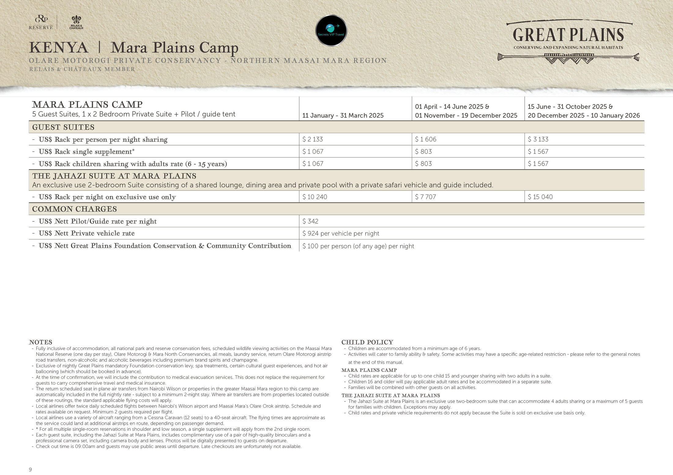 2025 accommodation rates for Mara Plains Camp Kenya Masai Mara