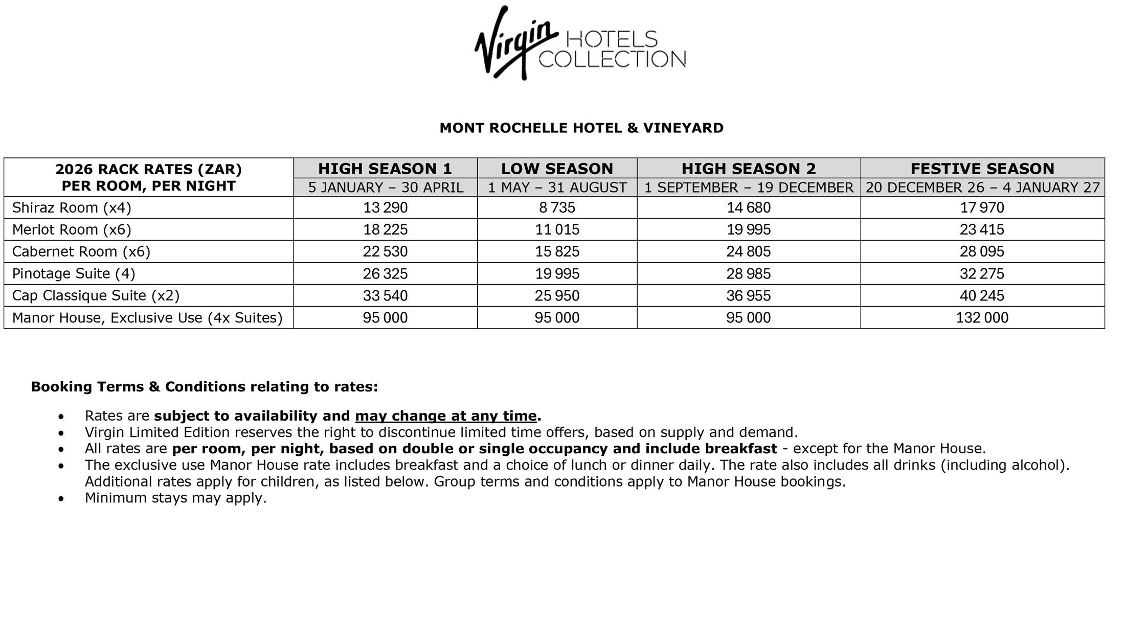 2026 accommodation rates for Mont Rochelle Franschoek