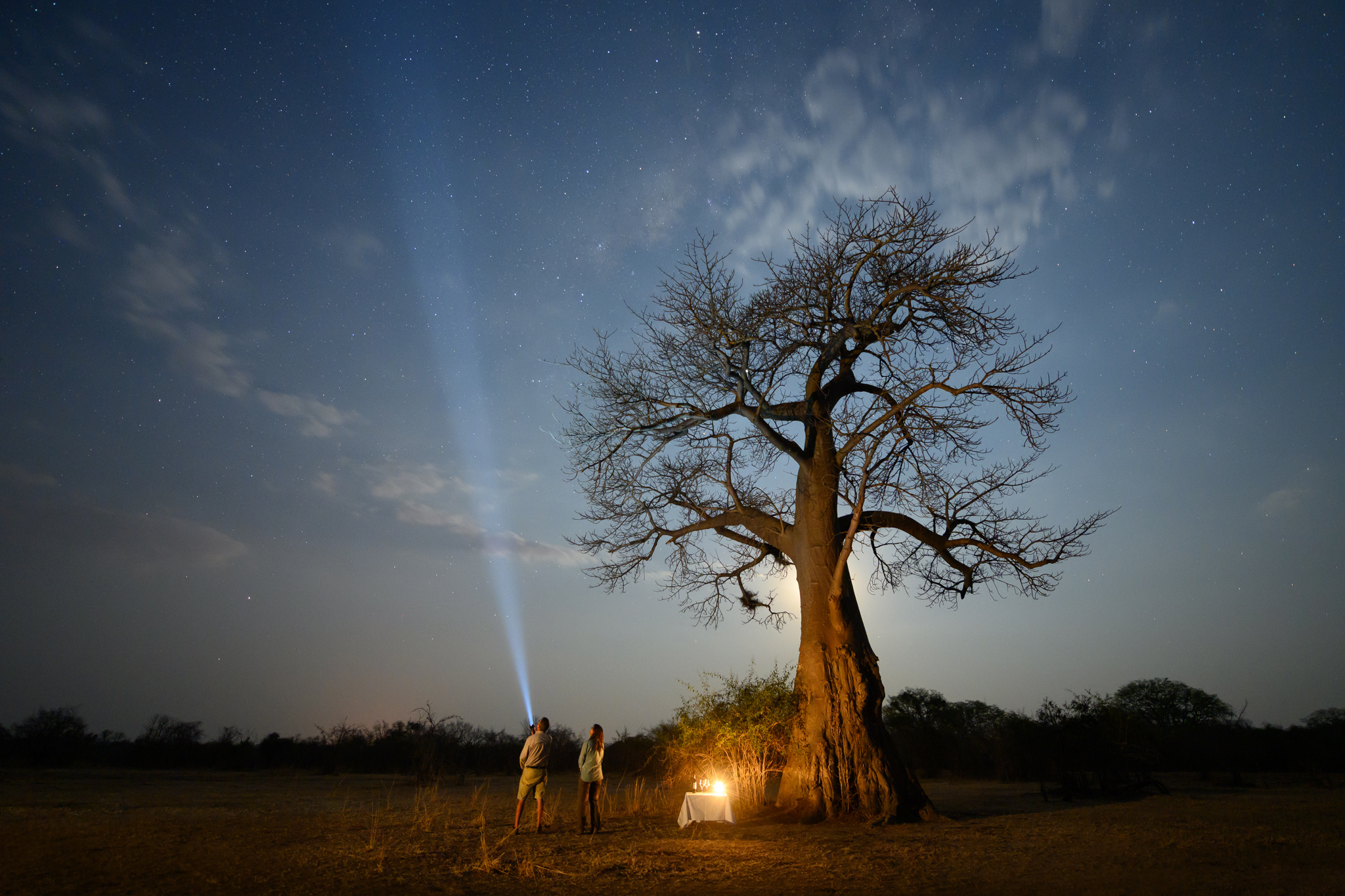 couple stargazing under baobab tree by Puku Ridge Camp Zambia