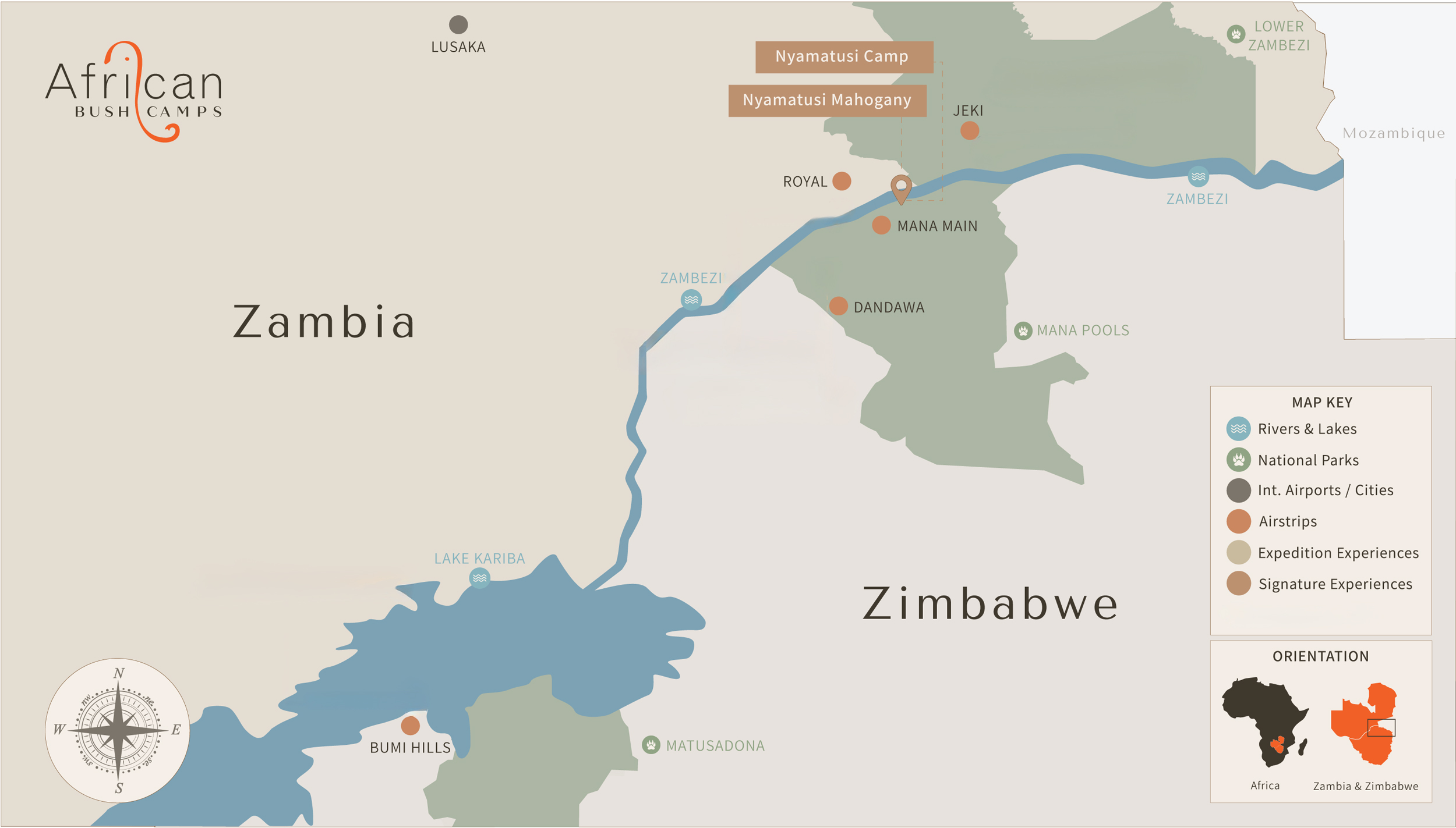 map showing the location of Nyamatusi Camps Mana Pools Zimbabwe 