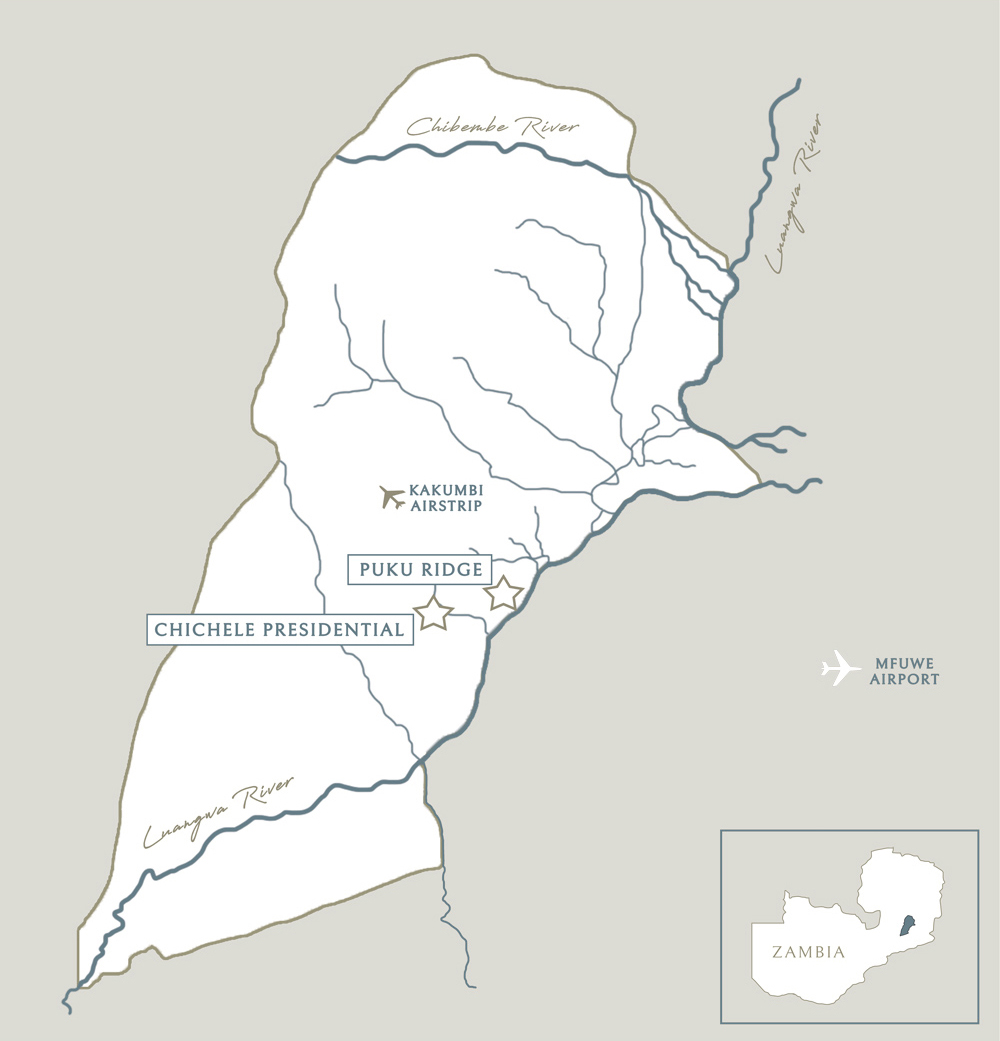 map showing location of puku ridge and chichele in Zambia Luangwa
