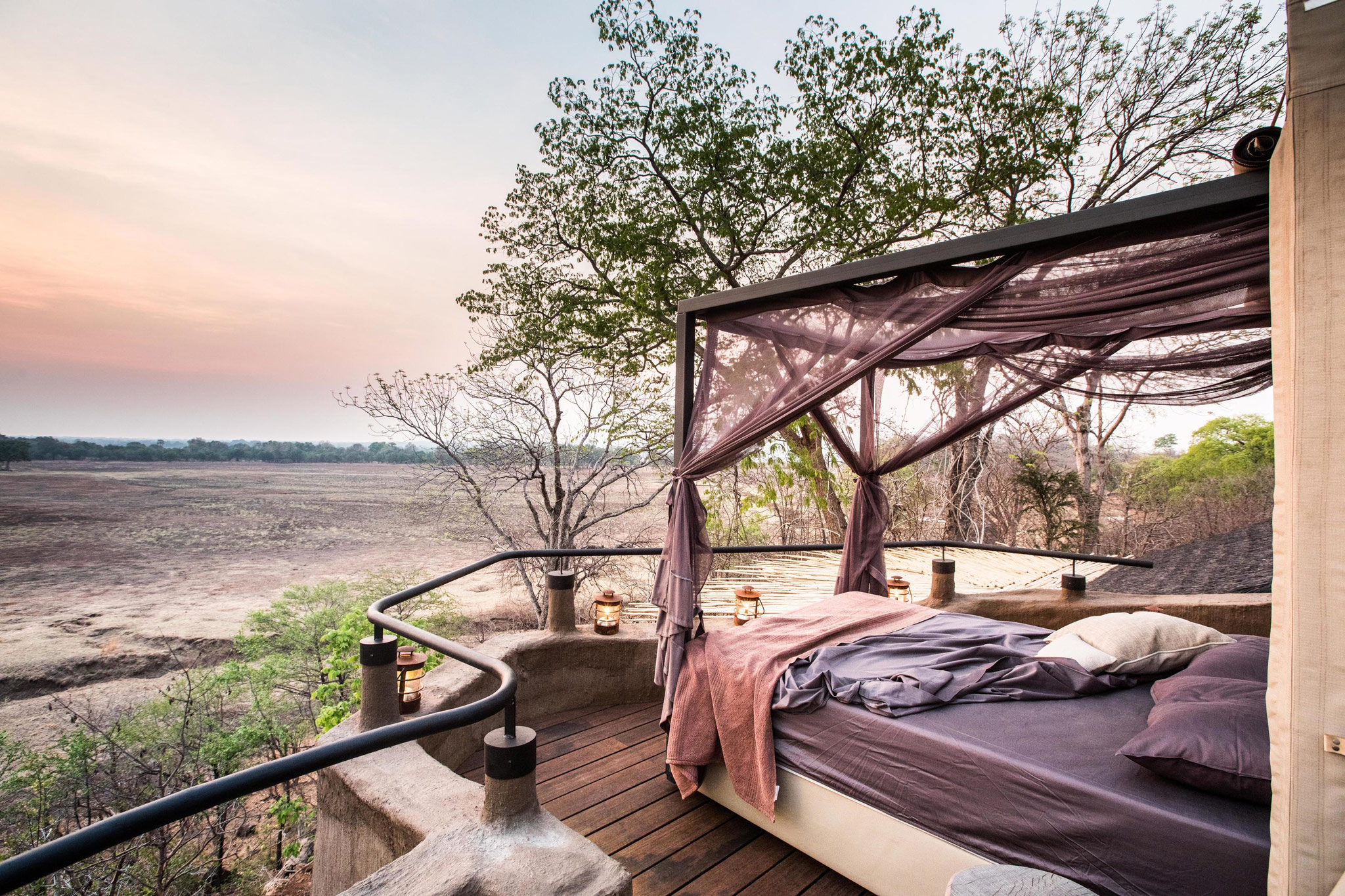 view of floodplains from elevated starbed at daytime by Puku Ridge Camp Zambia