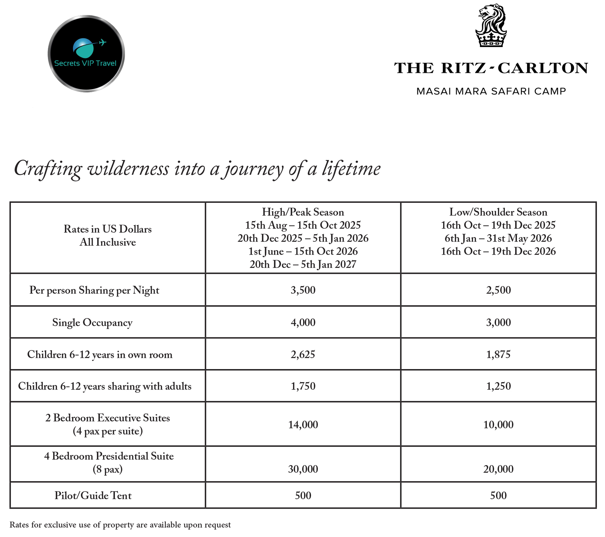 accommodation rates for ritz carlton masai mara