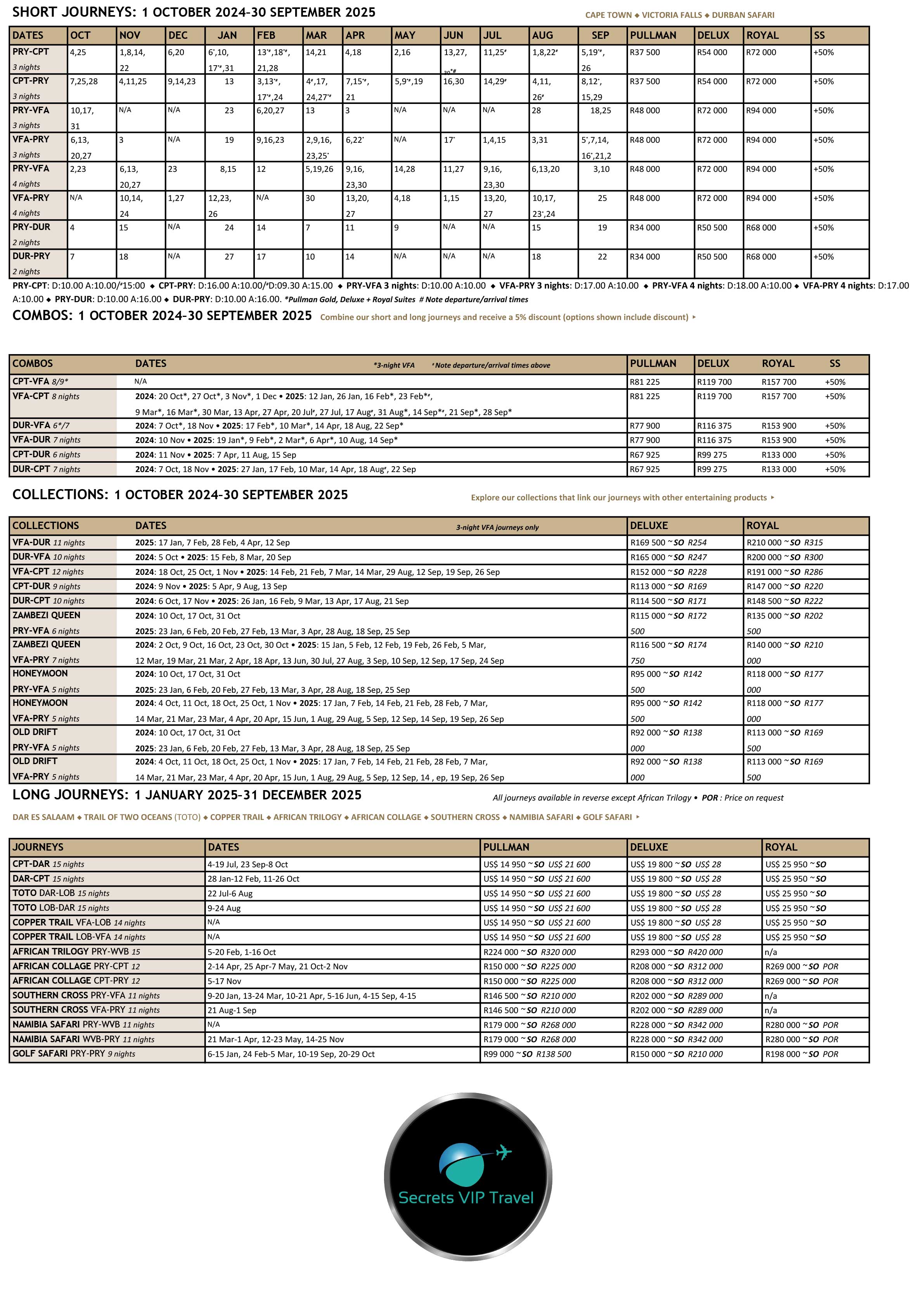 screenshot of rovos rail rates for 2025