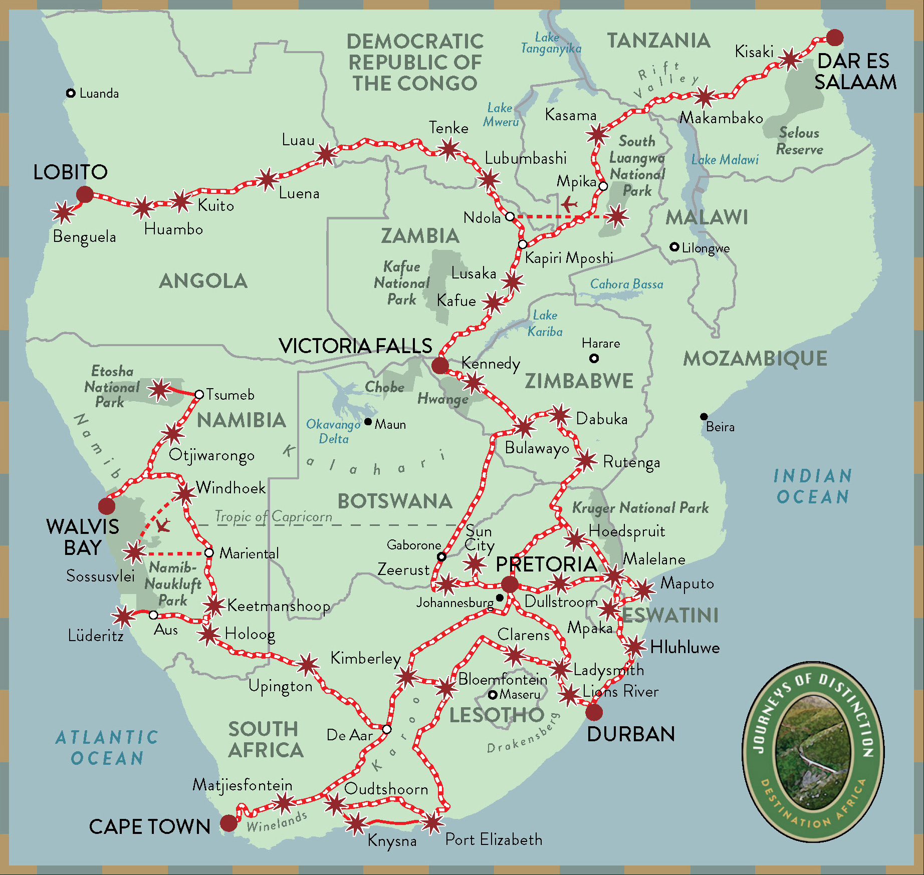 map of southern Africa showing journey routes of Rovos rail luxury trains
