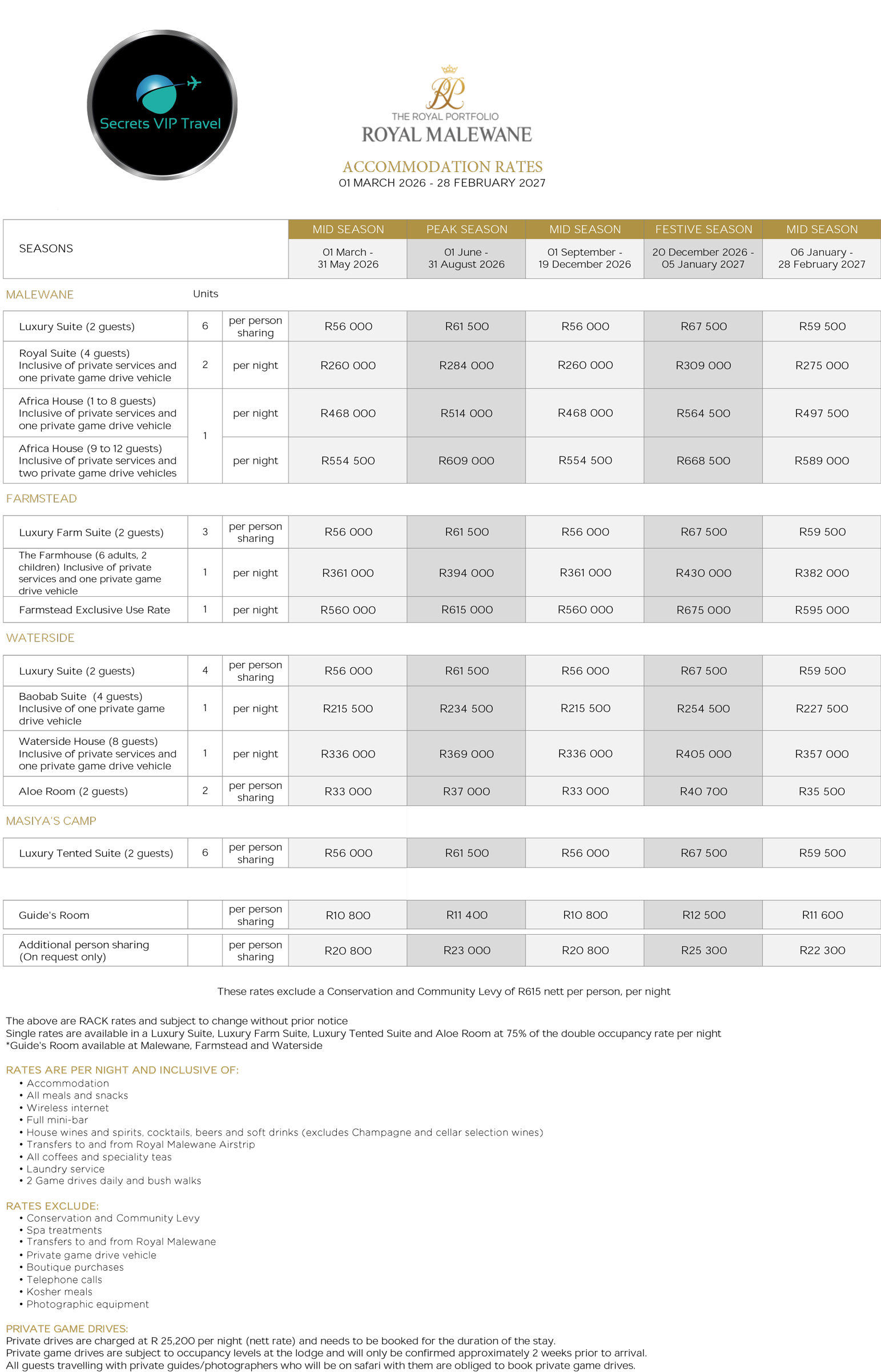 Royal Malewane 2026 Accommodation rates