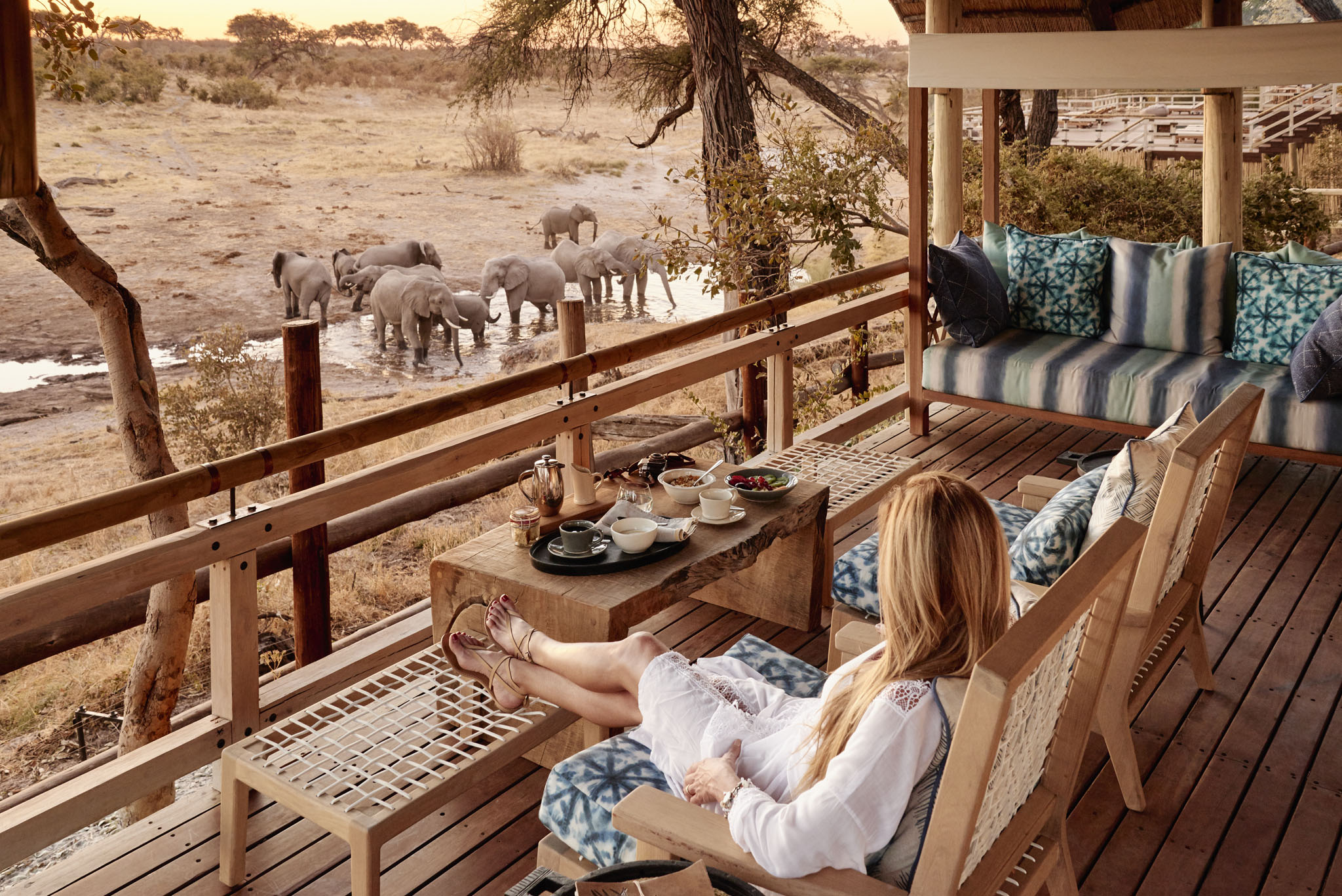 guest on deck of Savute elephant lodge Belmond looking at elephants by lodge