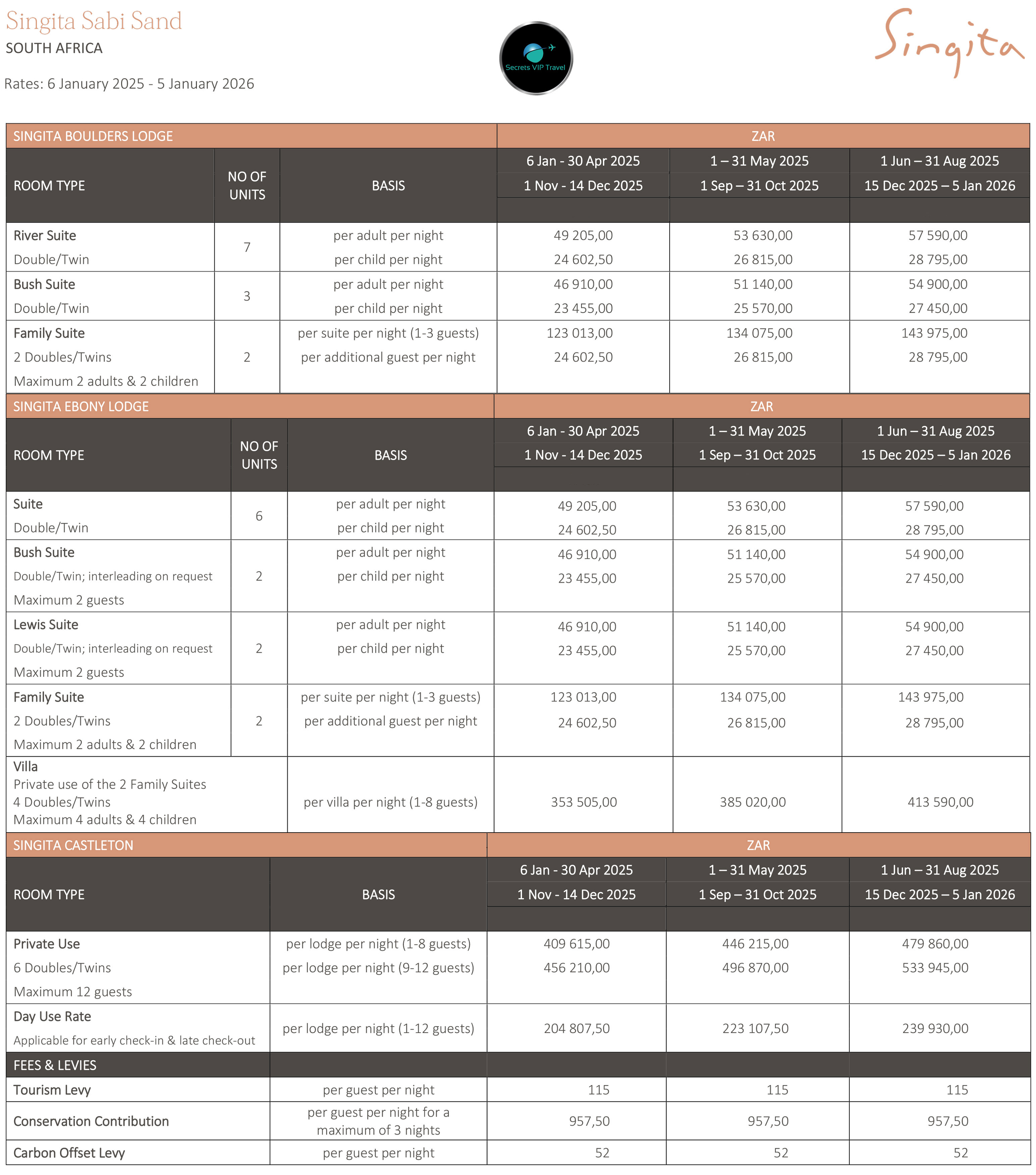 singita sabi sand 2025 rates sheet