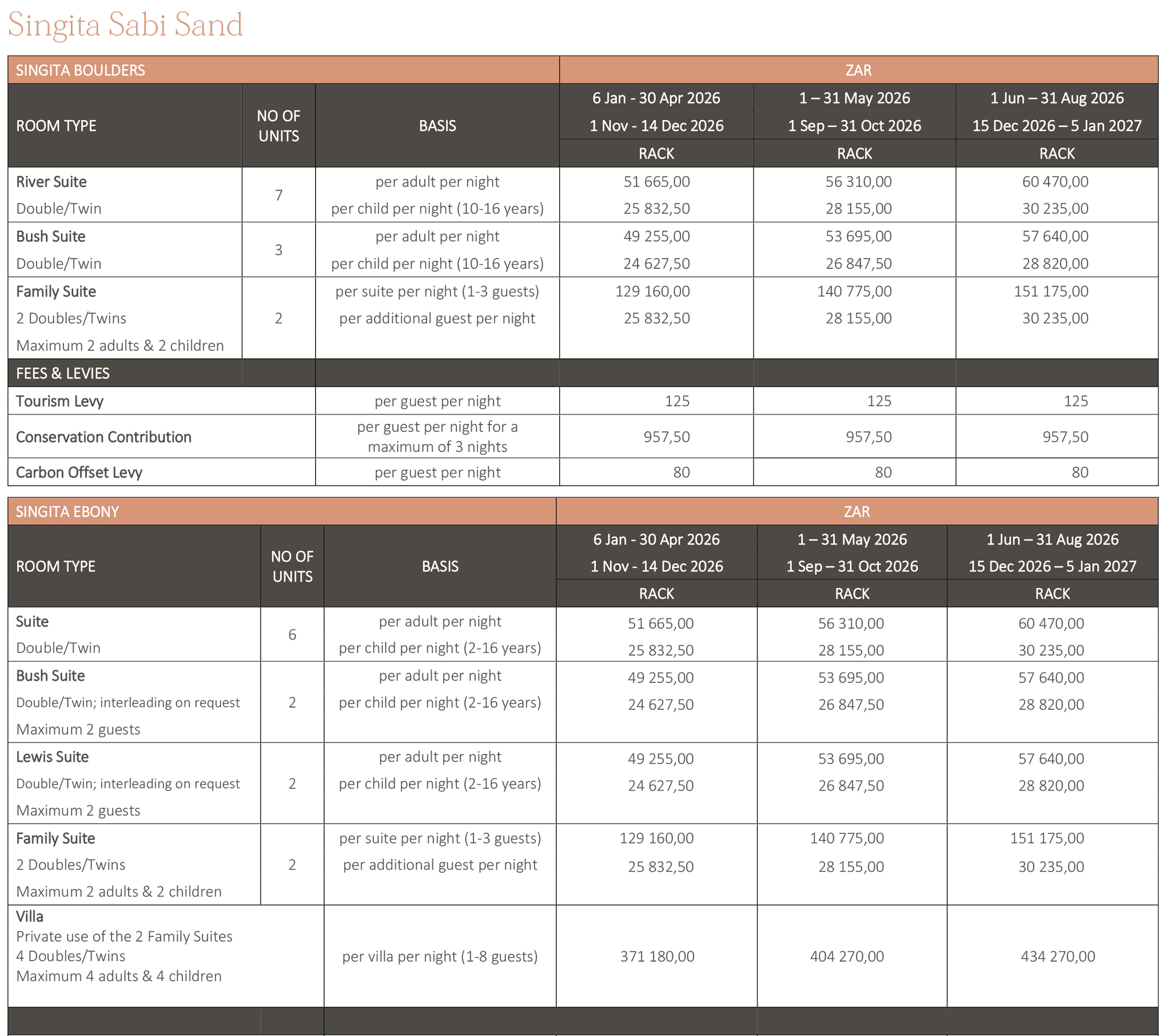 Screenshot of 2026 accommodation rates for singita 2