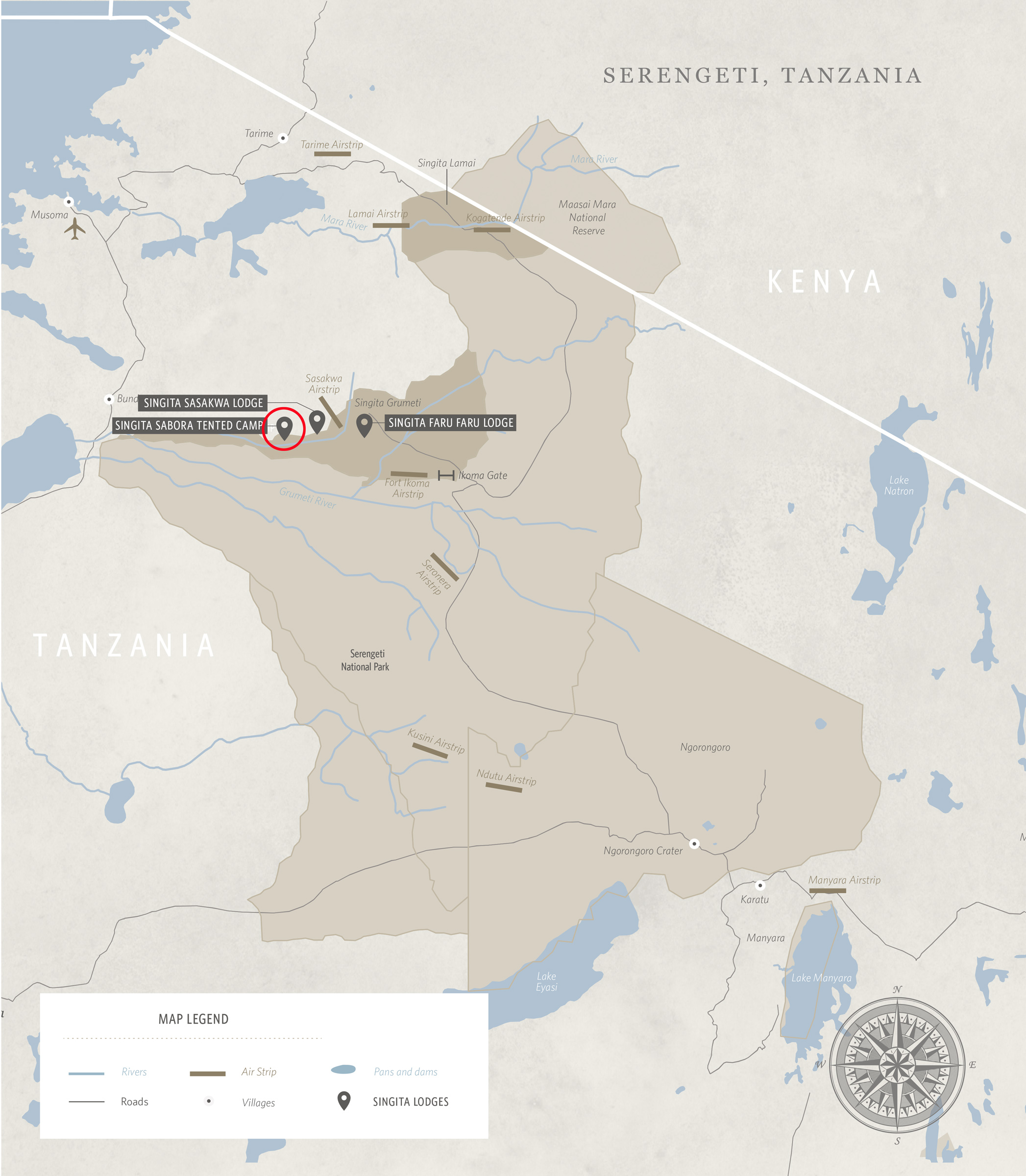 map showing location of Singita Sabora Tented Camp Serengeti 