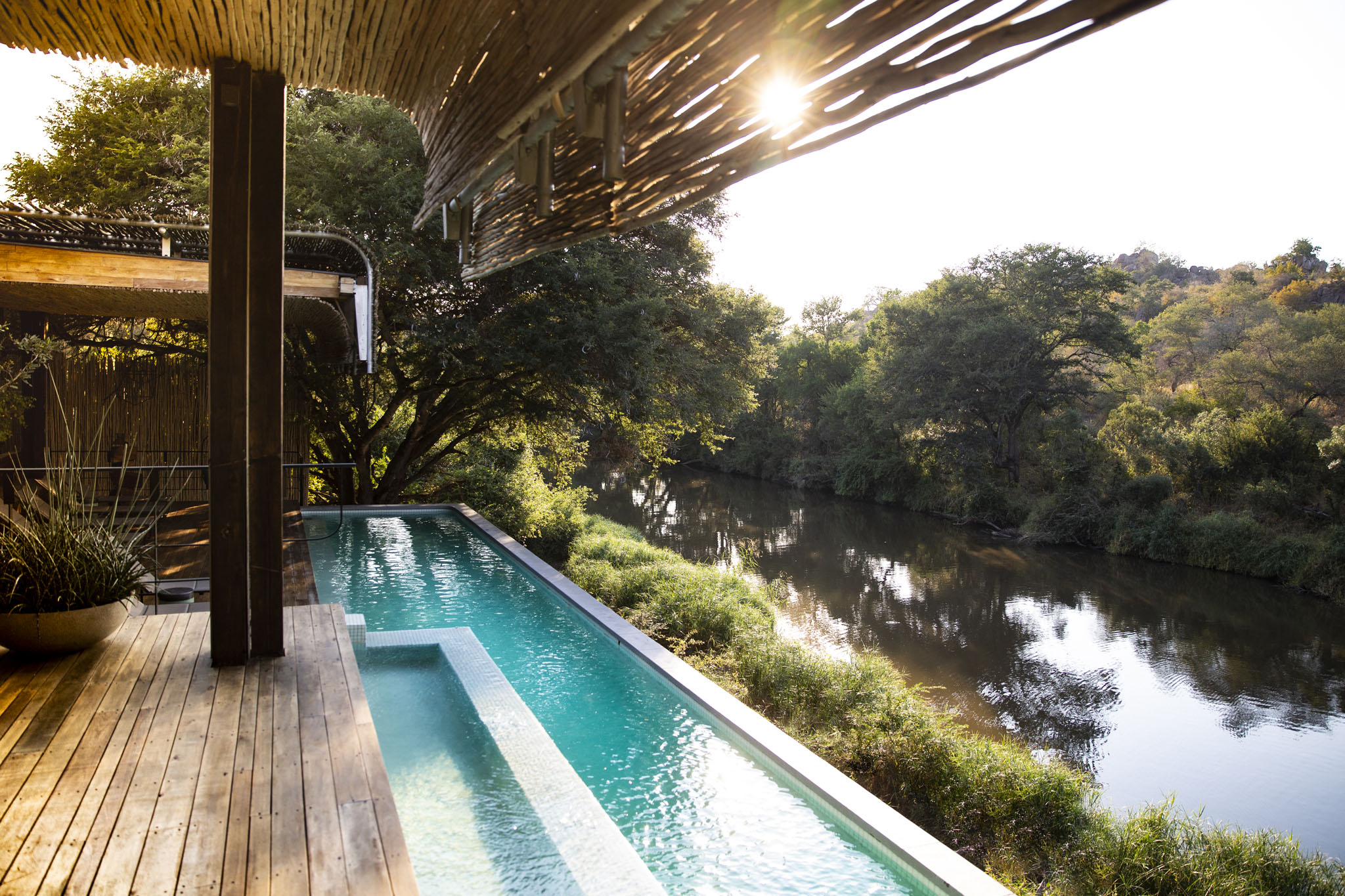 infinity pool at singita sweni main lodge viewed from the deck