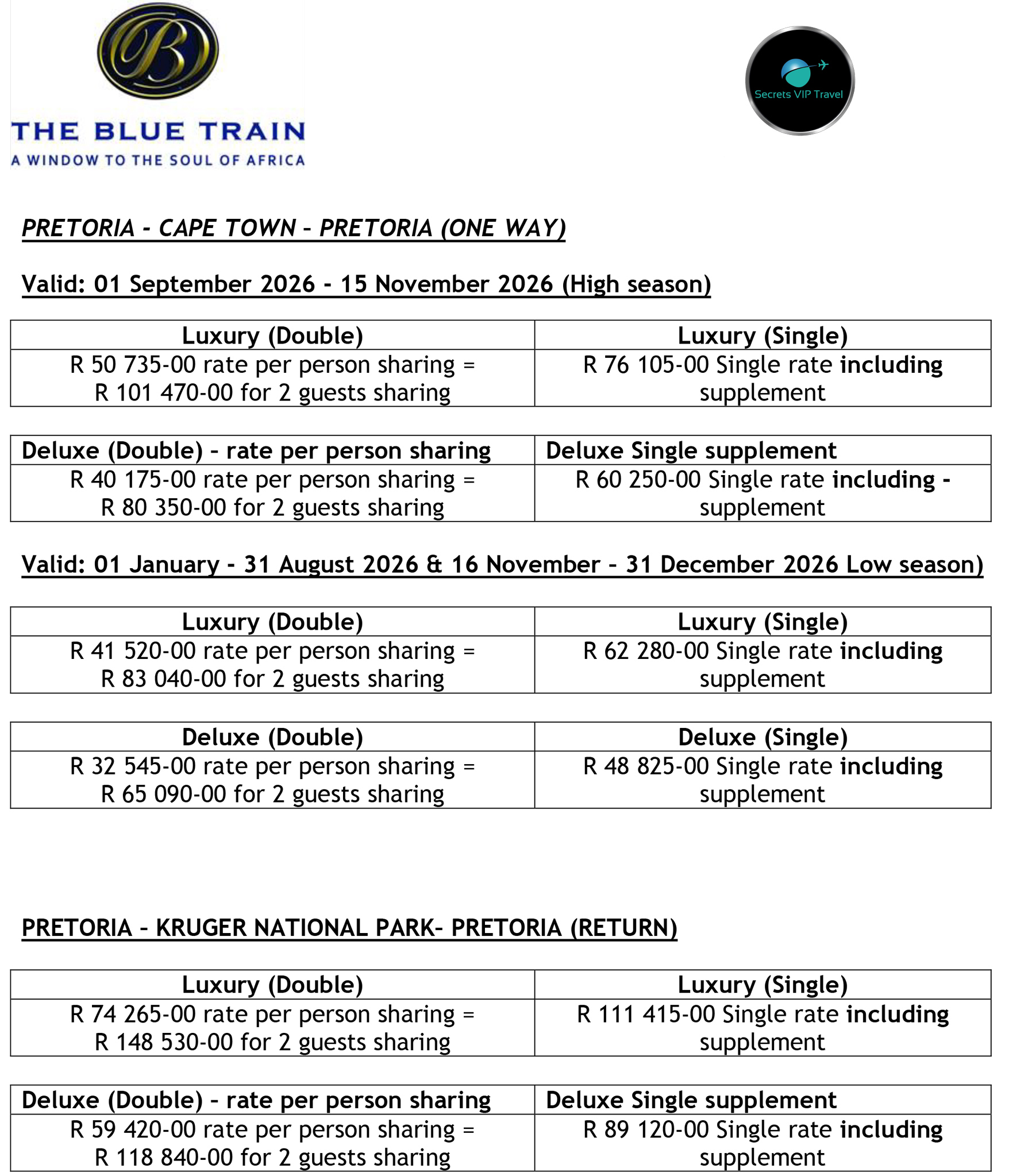 2026 accommodation rates for the blue train