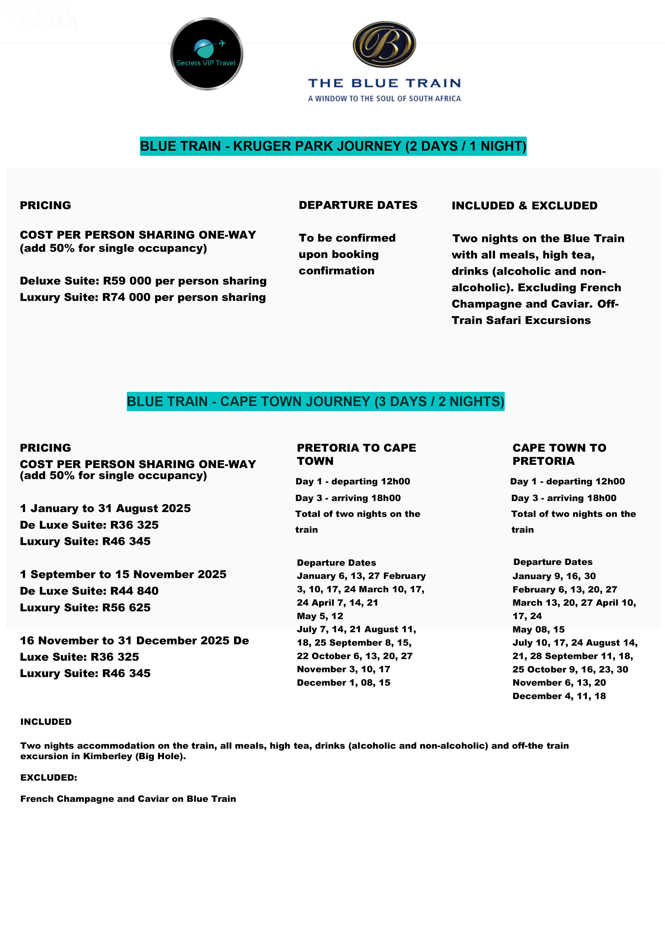 screenshot of the 2025 rates and itineraries of the blue train