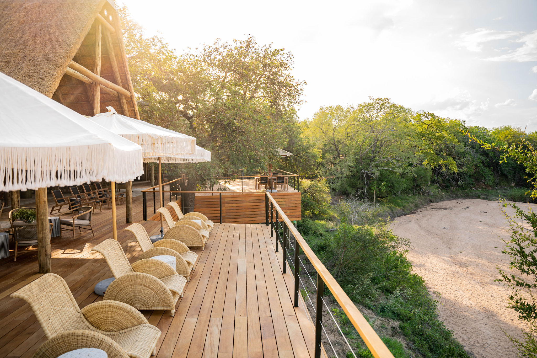 main viewing deck with chairs in late afternoon thornybush game lodge