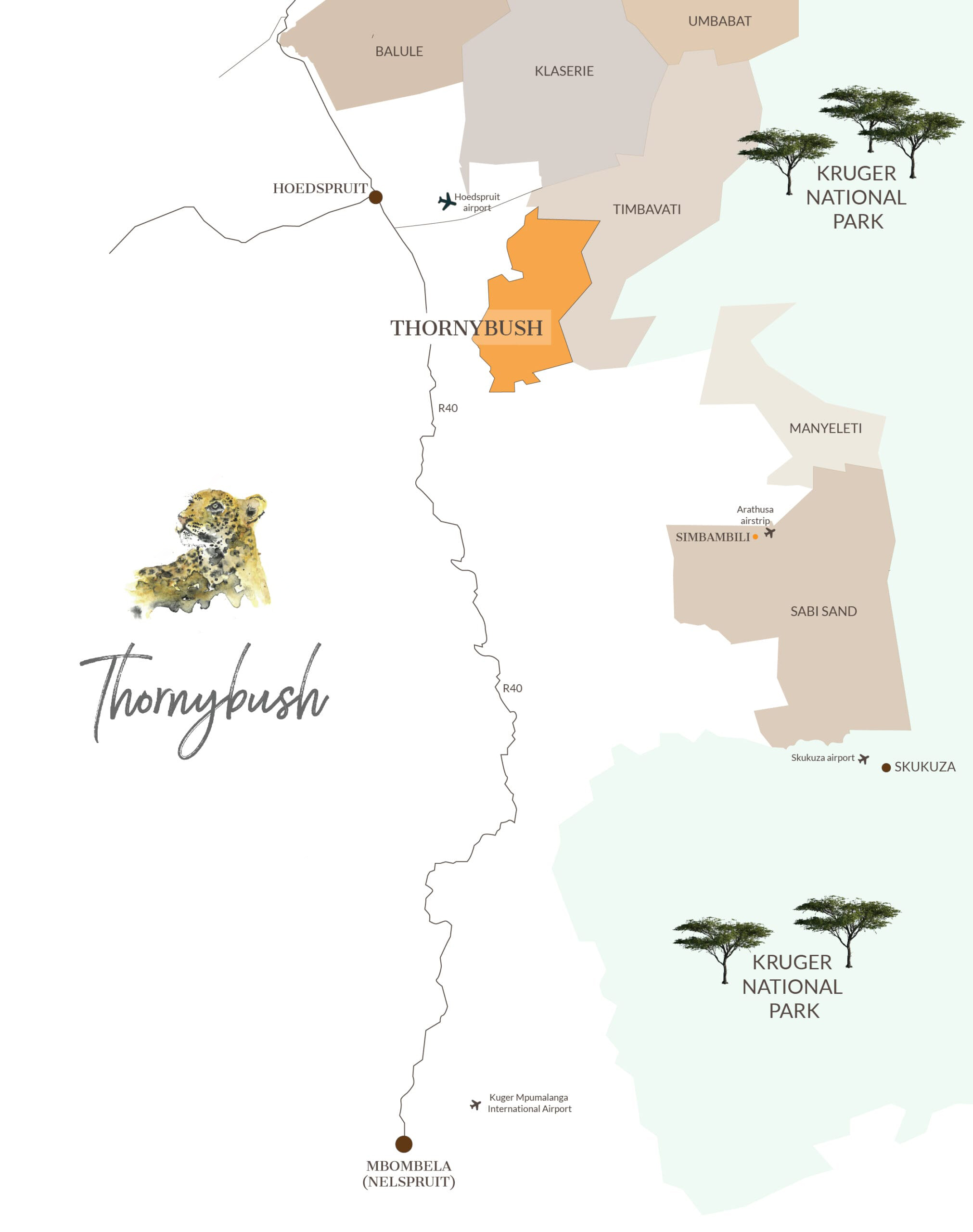 screenshot of a map showing locations of Thornybush camps in greater kruger national park and sabi sand