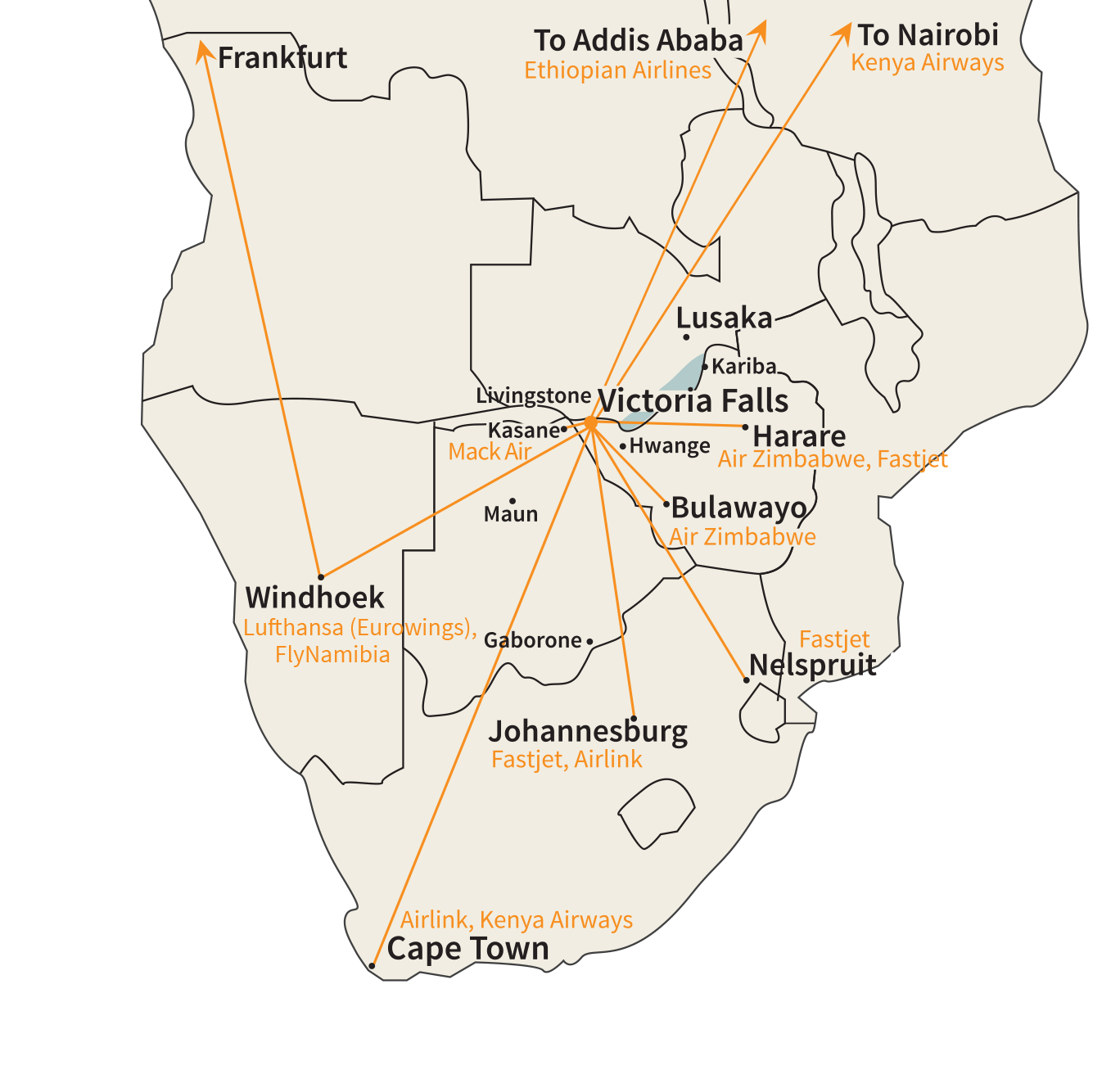 map of Africa showing location of Victoria falls in Zimbabwe
