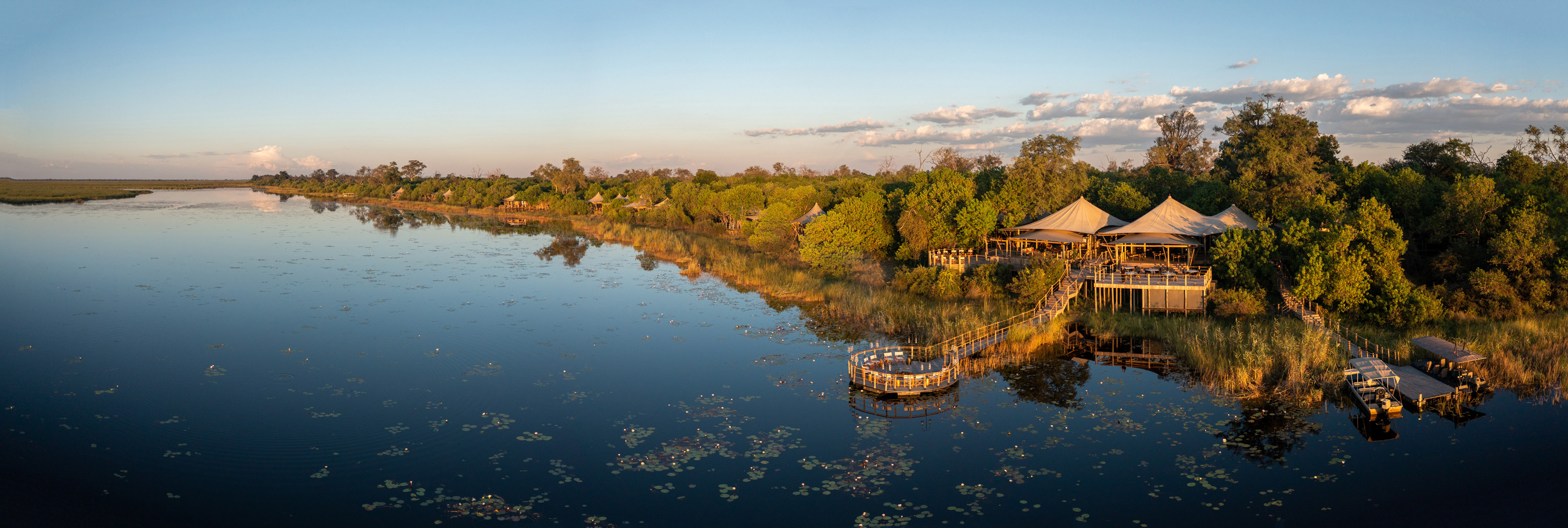 mid day aerial view of main facility at wilderness duma tau camp botswana