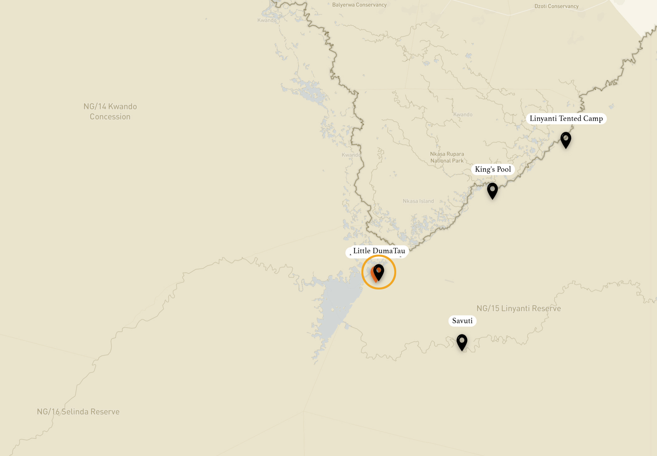 map with location in delta of wilderness duma tau camp botswana