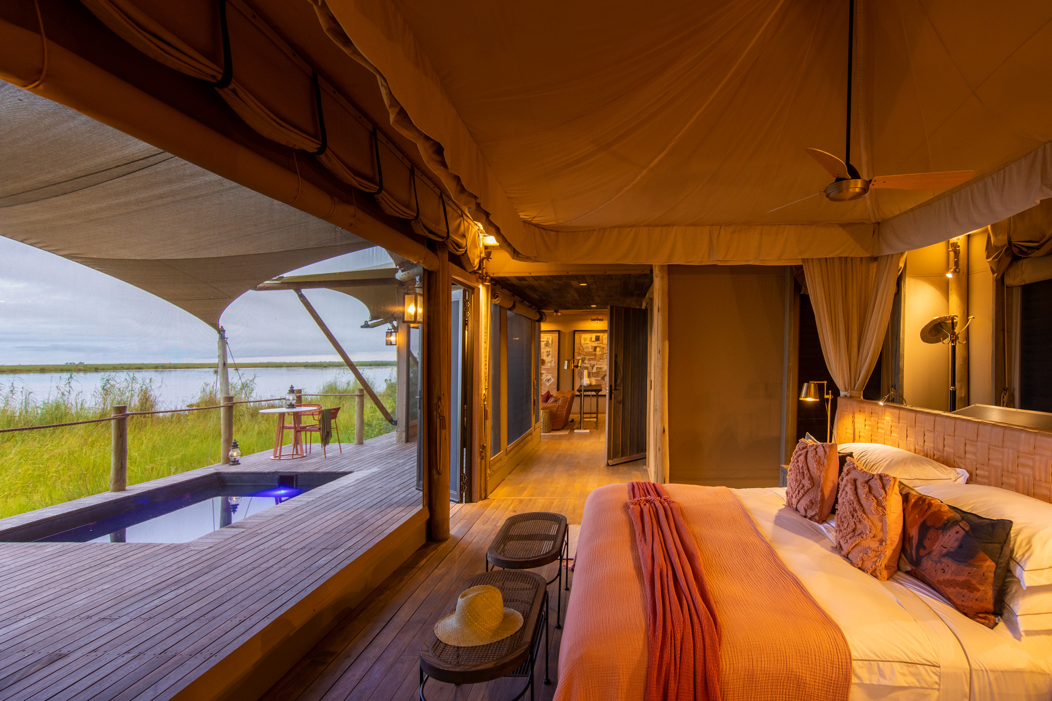 view of main bedroom in suite of wilderness duma tau camp botswana