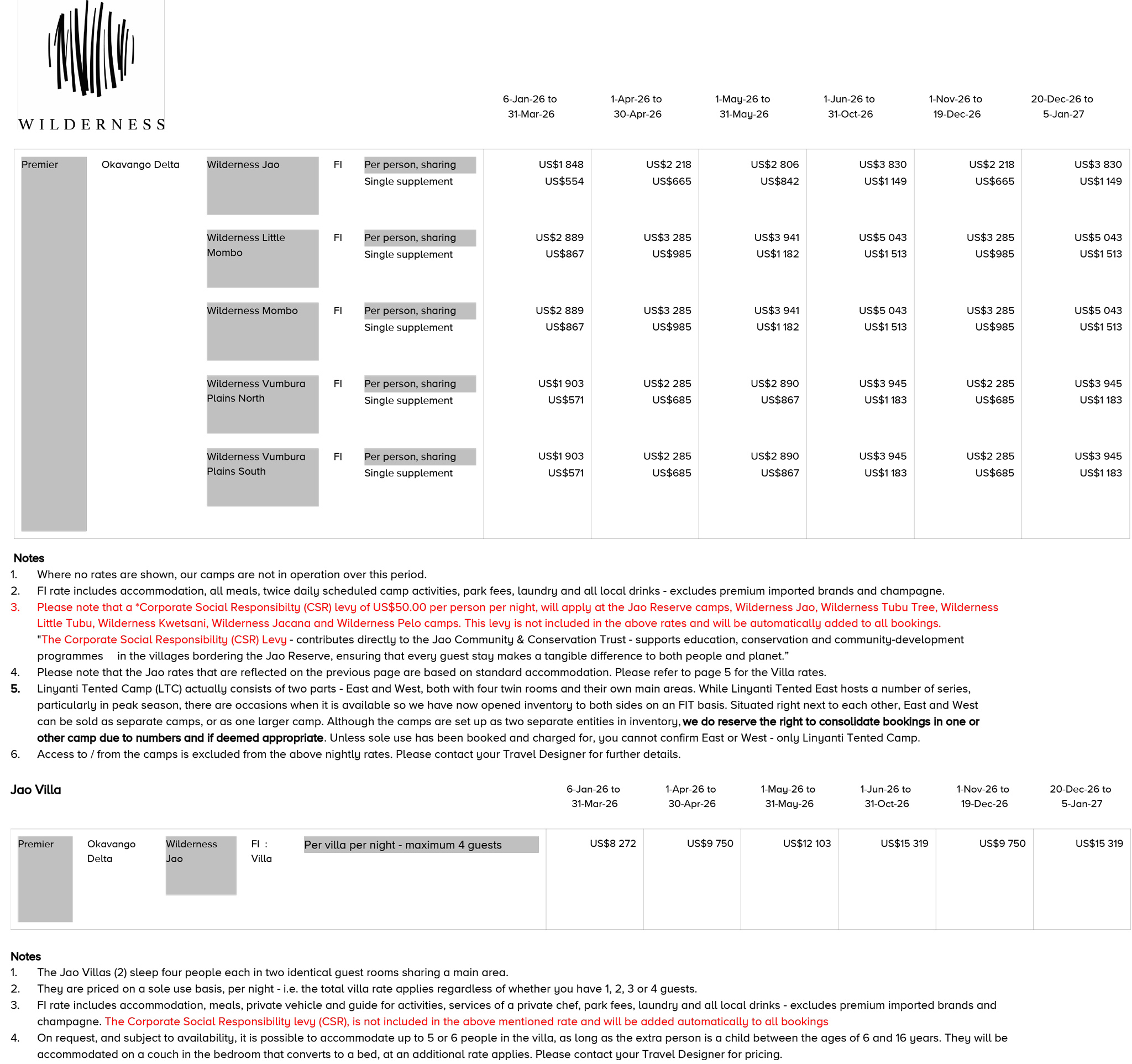 wilderness okavango delta camps accommodation rates 2026 part 1